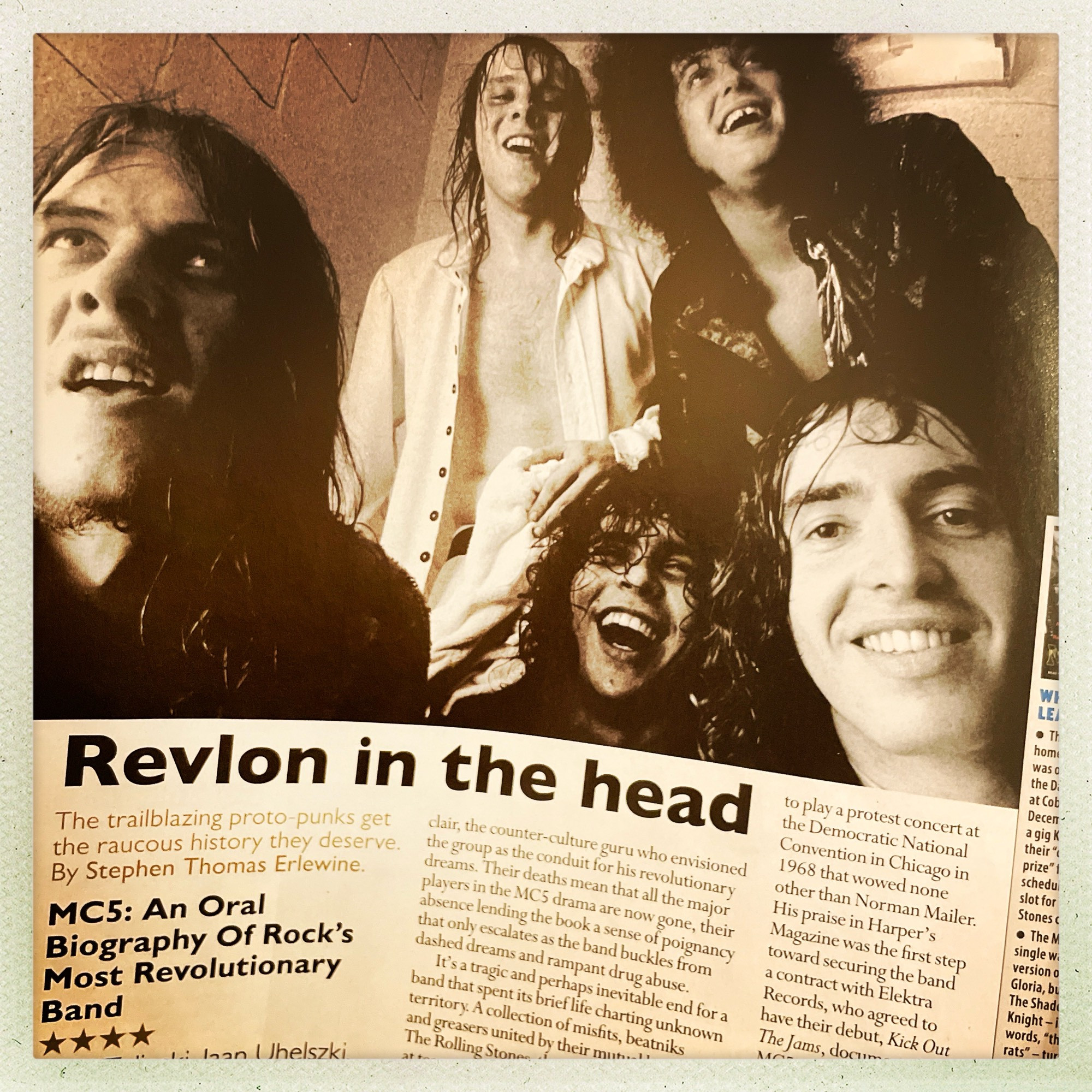 Snap of a sweaty MC5 and a 4-star review of MC5: An Oral Biography of Rock’s Most Revolutionary Band by Brad Tolinski, Jaan Uhelszki, Ben Edmonds 