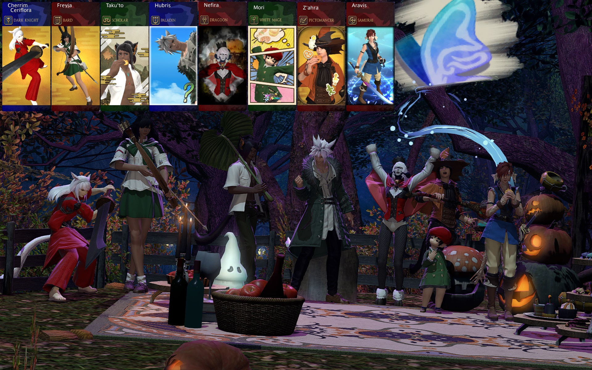 Screenshot of 8 Warriors of Light from Final Fantasy XIV in cosplay or spooky glamours. They are posing around a ghostly picnic setup with woods in the background. Superimposed over the image are the battle portraits for each character.

From left to right, the costumes are Inuyasha and Kagome from Inuyasha, Yoh from Shaman King, Komaeda from Danganronpa 2, the Lamb from Cult of the Lamb, Adeleine from Kirby, a Halloween Witch, and Crono from Chrono Trigger.