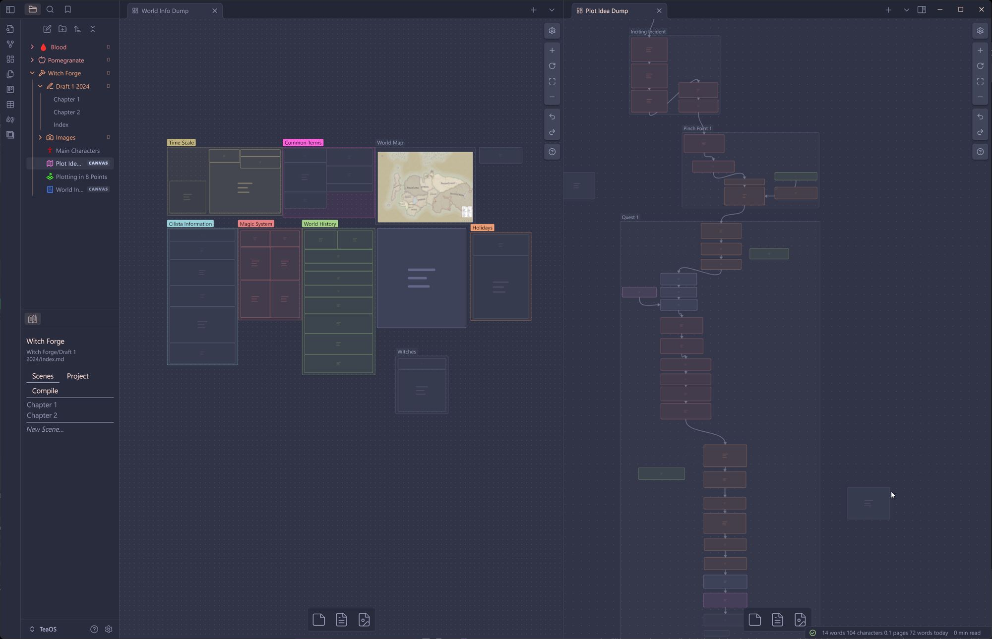 zoomed out obscure screenshot of Obsidian showing both the world building and plotting canvases