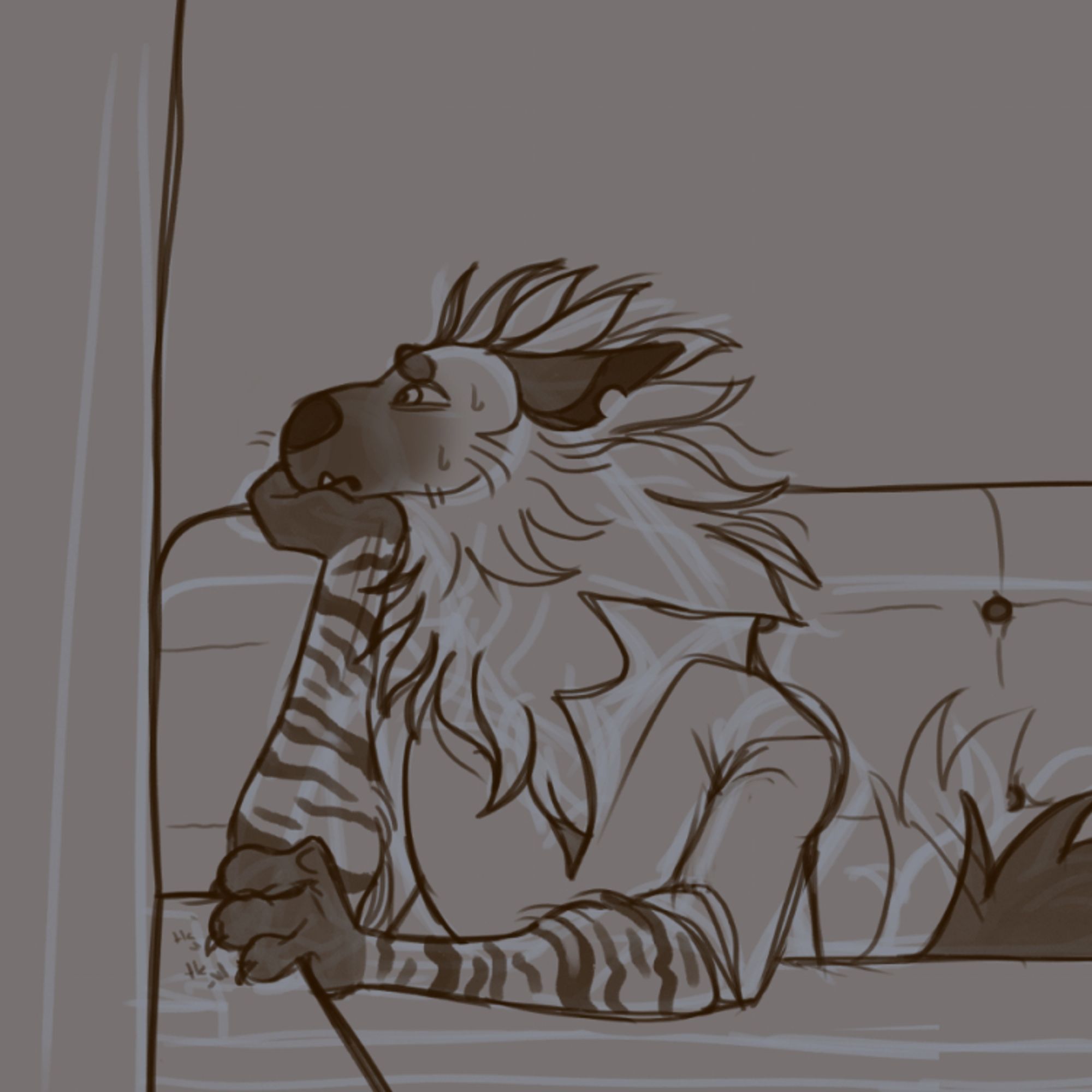 A rough drawing of a gnoll (anthropomorphic hyena) based off of a brown hyena, sitting in a booth seat looking out an implied window. He is viewed as if from the seat across from him. His mane is fluffed up, his ears are pinned back, and he looks worried. His chin is resting on the palm of one hand and the other hand is drumming its claws on the windowsill. His tail, also floofed, is wagging uneasily behind him.