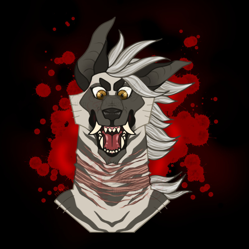 A neck-up bust of a gnoll (hyena person) modeled after a striped hyena. She is stylized almost like a Japanese oni, with large, outward curving upper canines visible in her snarling smiling mouth. Her muzzle is wrinkling and her golden eyes are wide but angry. Her ears tilt to the right of the image, folding almost like a greyhound's ears, and her greying mane is also drifting in that direction as if being blown by a wind. Her neck is ringed by thick, vicious scars that have healed but never grew back fur. The background is a vivid blood spatter on black.