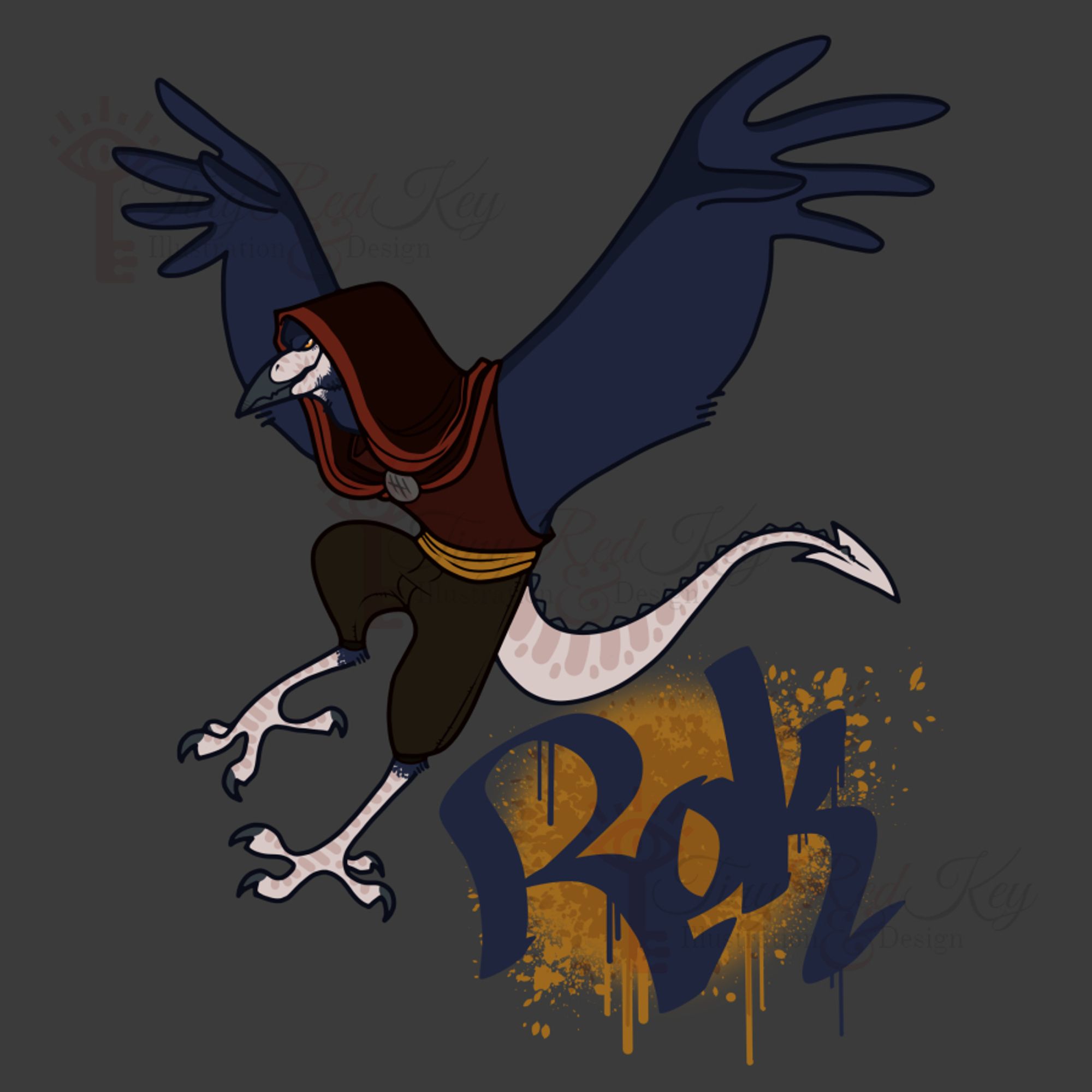 A draconic birdfolk in a leaping/downward gliding pose. He has dark grey-blue feathers and pale cream skin on his legs, face, and draconic tail. He's based off the bird called the rook so parts of his face are featherless. His arms are also his wings in that classic cartoon style where the primary feathers become "fingers". He is wearing a baggy red hood fastened with a brooch that has four tallymarks on it. He has a sleeveless red top, a yellow sash belt, and a pair of short brown pants. Below him is a stylized graffiti of his name: Rok.