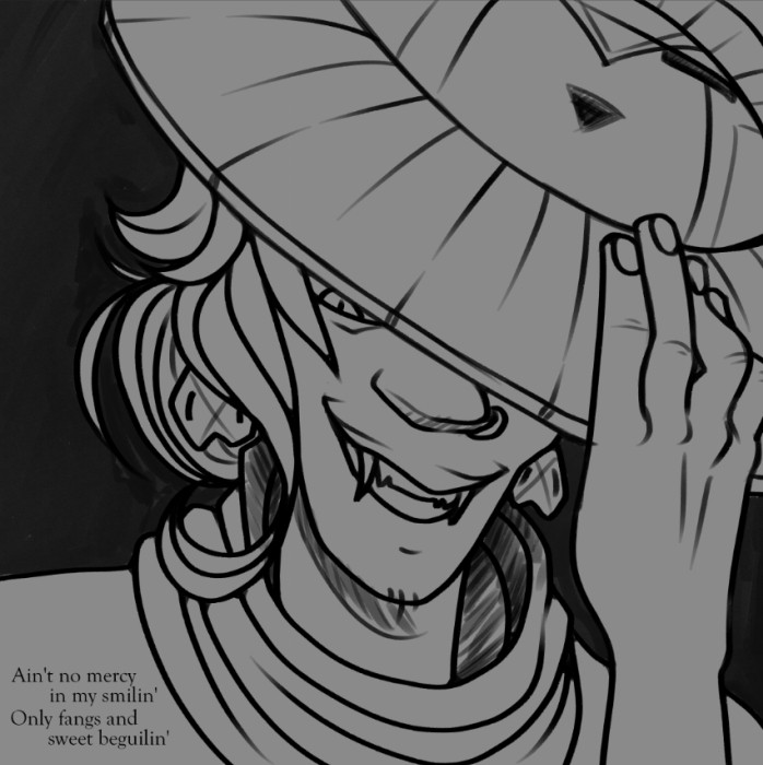 A greyscale sketchy shoulders-up bust of a man. He is holding a large, stylized Sun Kachina mask up just enough that you can see some of his curly hair, a pair of rattlesnake-head styled earrings, his snake-fanged smile, his nose with a small nose ring on the left, and the barest hint of one eye with a slitted pupil. In the corner are the lyrics "Ain't no mercy in my smilin'. Only fangs and sweet beguilin'." from Snake Song.