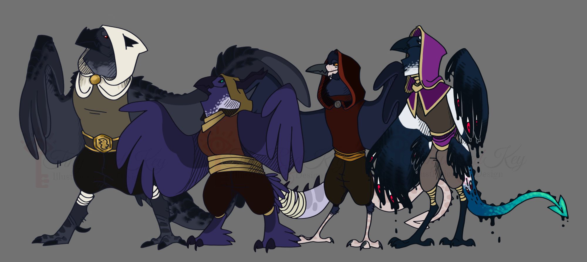 Rok in a line up with a few members of his family. Farthest left is his older brother Corbin, a much greyer draconic birdfolk. Corbin has a slightly spikier beak, a pair of short horns poking through his white hood, scales on his shoulders and wrists, a much thicker and heavier tail, and legs that resemble a cassowary with a spur like a rooster. Next in line is Rok's mother, Brangwendolin. She is shortest and fat, with purple and white feathers and fully feathered feet. She has a pair of long horns poking out of her hood, and her tail is fatter and partially bandaged near the base. Then is Rok. Finally is Rok's oldest brother, Aeron, who has four pairs of wings, two which are much smaller at his waist, and a long iridescent blue tail. He is dripping black ichor from his wings and tail, and has eyes on his primary feathers.