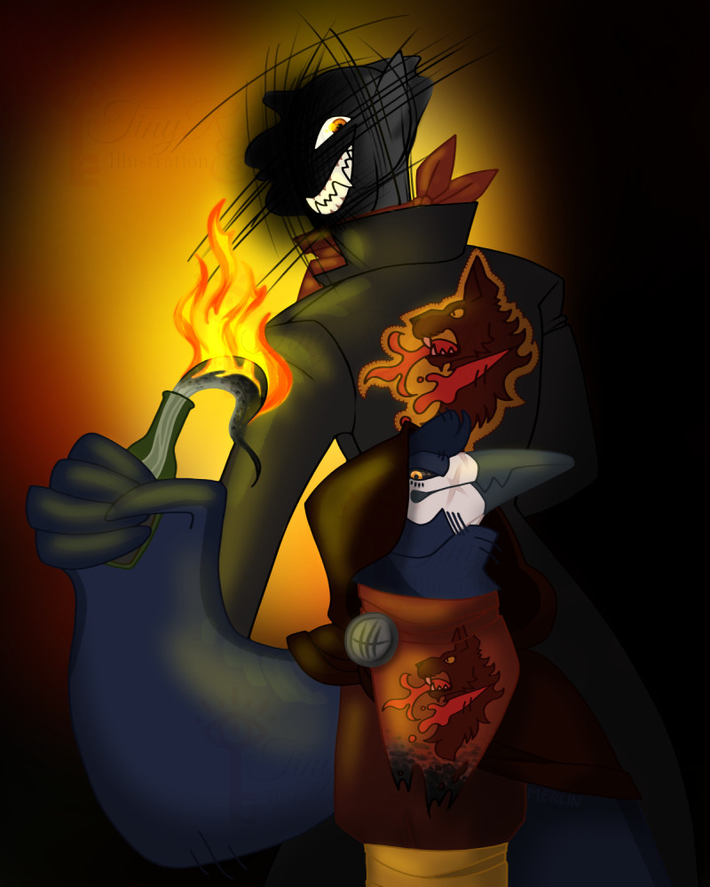 A starkly lit portrait of two figures. In front is a birdfolk with cartoon-style wing-arms. He is modelled after a rook, with a dark beak and a bald face. He is wearing a hood, and a kerchief with a stylized dog head that is breathing fire and gushing blood from a cut throat. In his hand, the birdfolk is holding a molotov cocktail. The light from its lit rag is illuminating the figure behind him, a humanoid figure looking back over its shoulder at the audience. They are wearing a similar red kerchief and a jacket emblazoned with the same stylized dog. Their face is oddly shadowed and sketchy, as if something is unnaturally hiding their features, but a large, sharp-toothed smile and one gleaming golden eye are visible.