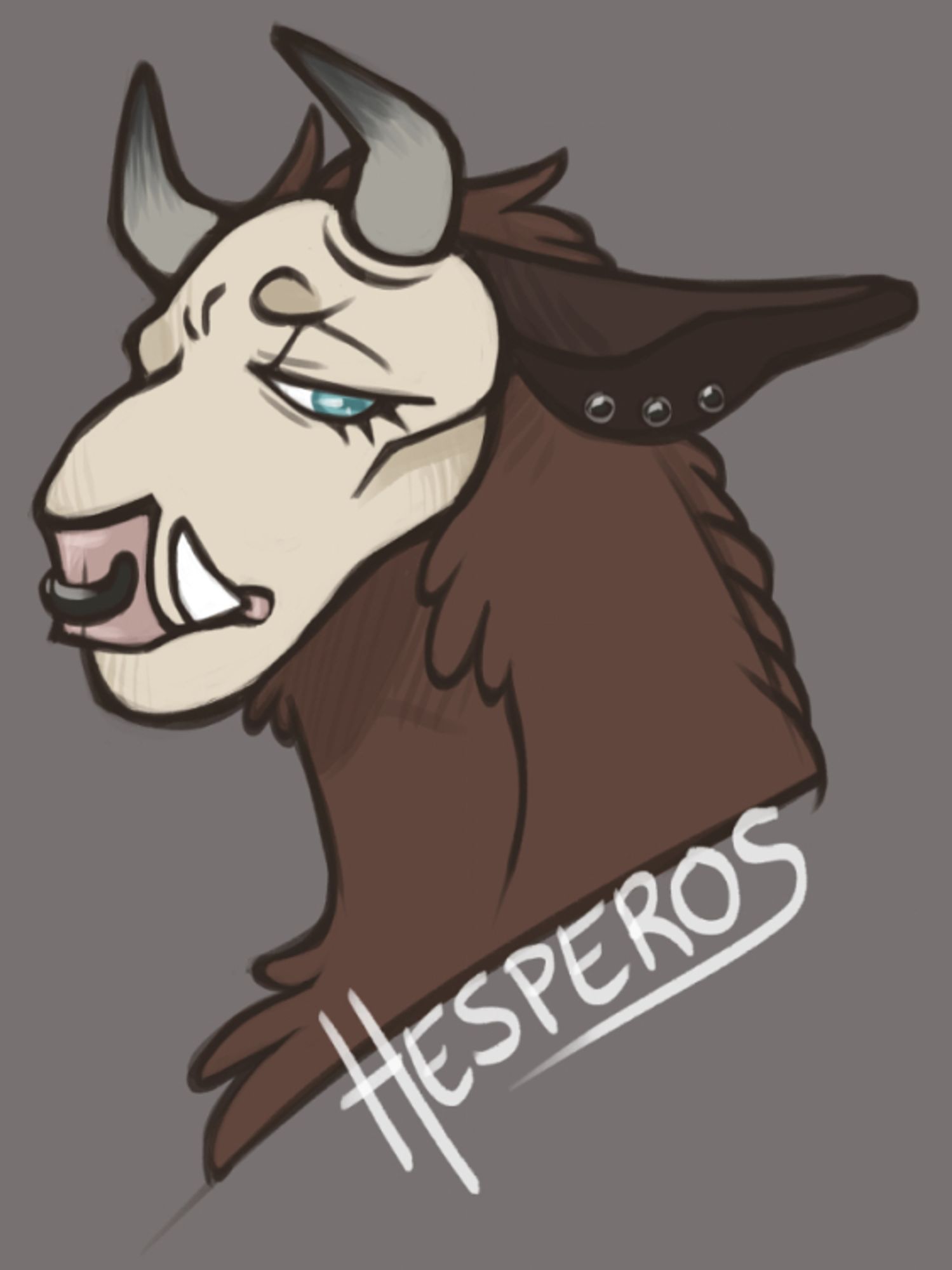 A bust of a minotaur labeled "Hesperos". They have a short-furred face that is a pale cream color with sharp cheekbones and drooping pale blue eyes (with impressive eyelashes). Their neck has a thicker, darker brown almost short mane of fur. Their ears are long and droopy and a slightly darker brown with three stud piercings along the bottom edge. They have short horns that curve up, a pair of short tusks, and a pale pink nose with a nose ring.