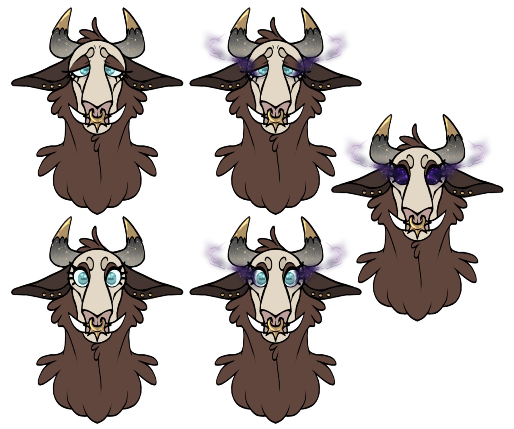 A set of symmetrical, forward-facing busts of Hesperos the minotaur, now with golden starburst horn caps and a spiky sunburst nose ring. The top left two have their usual tired eyes, one with wisps of purple mist filled with stars coming from their eyes.

The bottom left two have their eyes fully open, one with wisps of purple mist filled with stars coming from their eyes.

The final one on the right has wide eyes that are fully covered with a purple-black space effect full of stars.