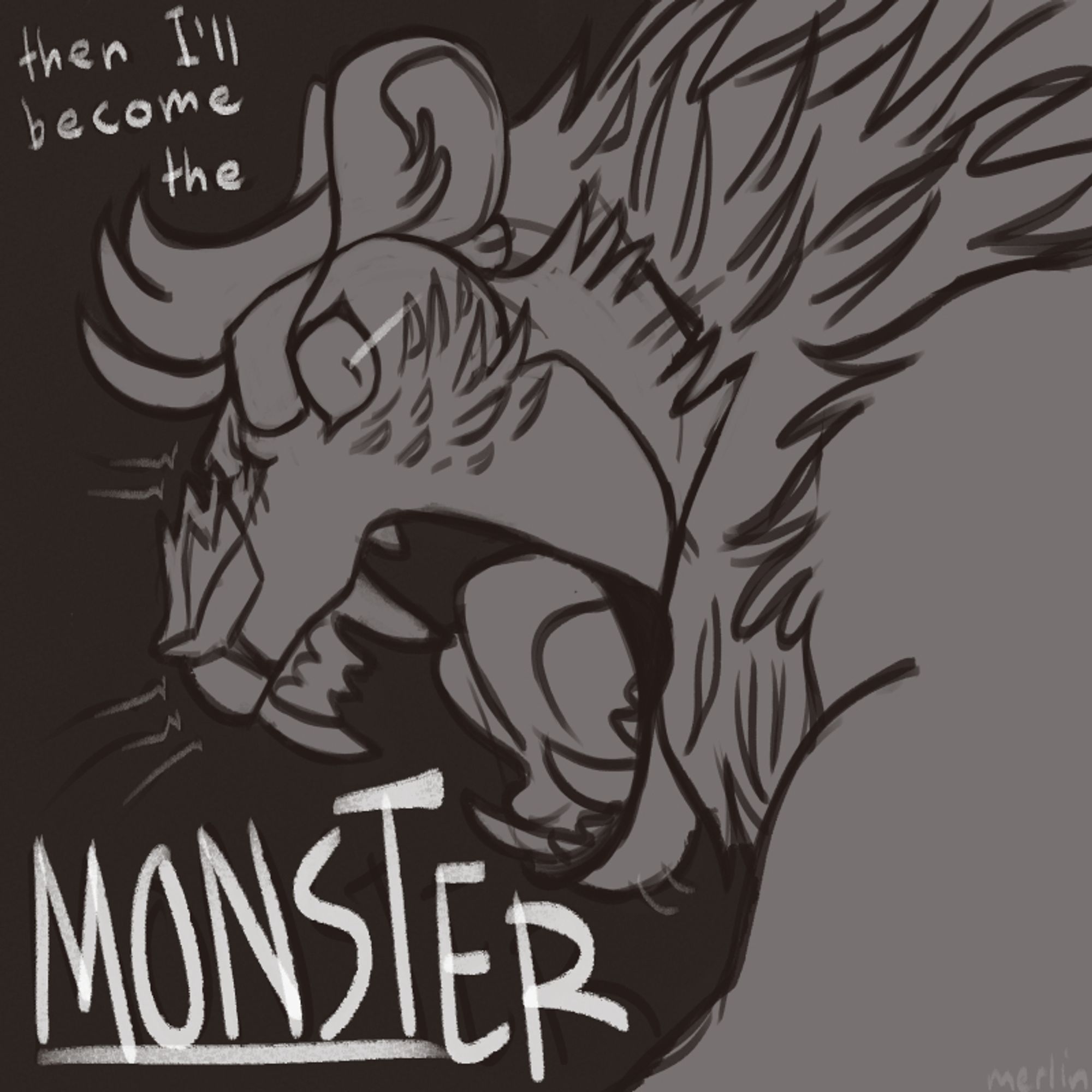 A close-up of a tabaxi (catfolk) covered in spiky scales. He resembles a young lion with a scraggly mane, and has his mouth open wide, showing off his sharp teeth in an angry roar. His eye has a dramatic highlight implying movement. The text beside him reads "then I'll become the MONSTER".