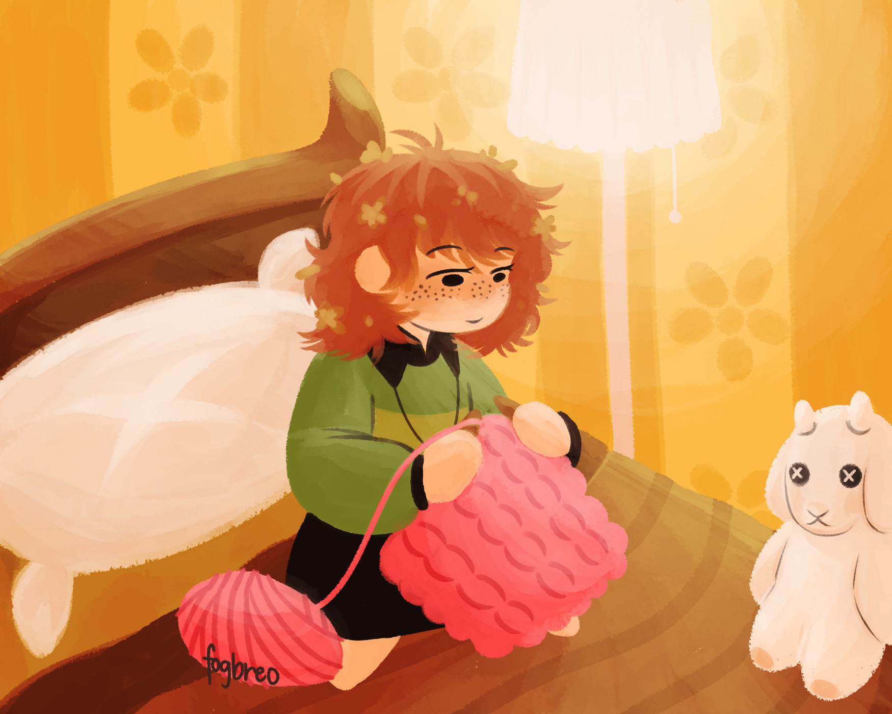 chara from undertale knitting a pink sweater in bed with a lamp shining behind them and a toriel-looking monster plush at the foot of their bed