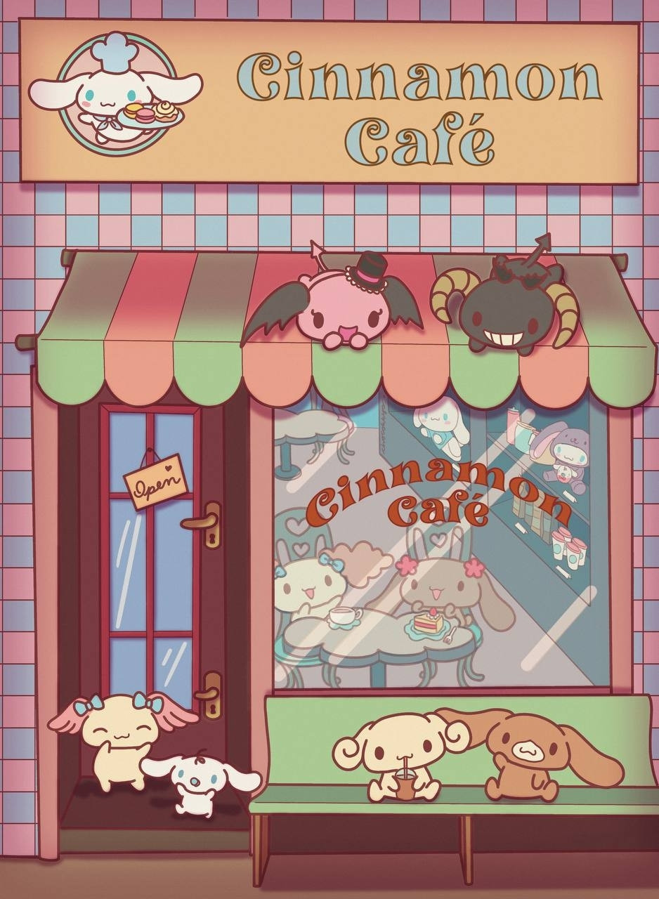 an original illustration of a store front, a sign that says "Cinnamon Café" with Cinnamoroll wearing a chef's hat as a logo on the left hangs over an striped awning. Cherry and Berry are lying on the awning and looking down to a bench where Espresso and Cappuccino are sitting together. Behind them there's a window with a view of the inside of the store, where Chiffon and Mocha are sitting together on a cloud-shaped table. There's a shelf behind them with various merchandise displayed. Finally, to the left of the window there's a door with a sign that says "Open", and Azuki and Milk are in front of it, as if moving to get inside the café. 

All characters mentioned are property of Sanrio.