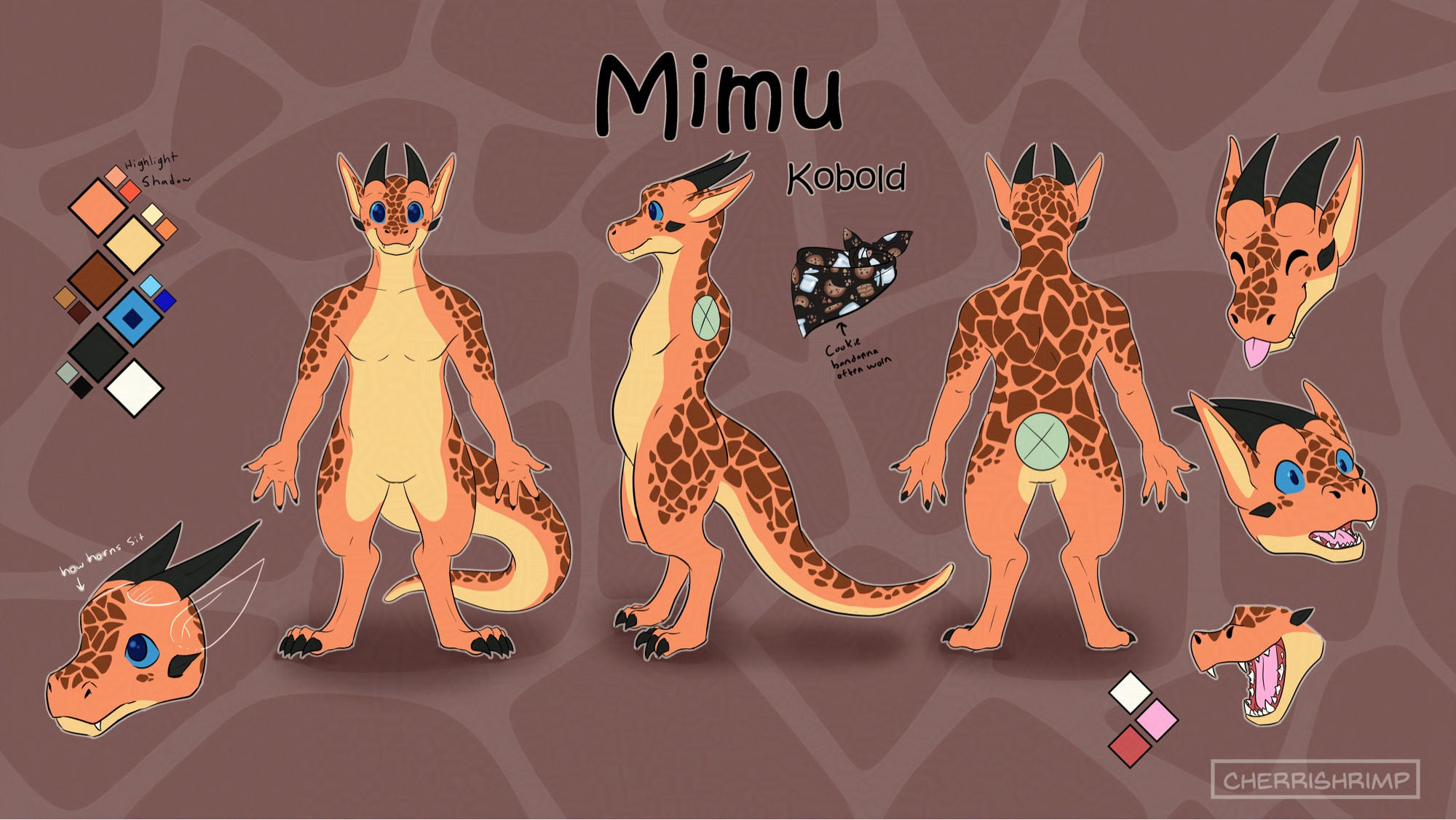 This is a reference sheet for Mimu, an orange kobold.  The happy looking slightly pudgy little guy is a light orange with a butter-yellow underbelly, and brown giraffe-like spots lining his back, shoulders thighs, and the top of his head as well as running down his nose. he has two black horns, long ears and blue scalera eyes with dark blue pupils this also shows a cookie print bandanna that he likes to wear. he has two black horns and some additional giraffe like spots on his cheek and on his ears, he has black claws on his four fingers and four toes.

Enjoy!