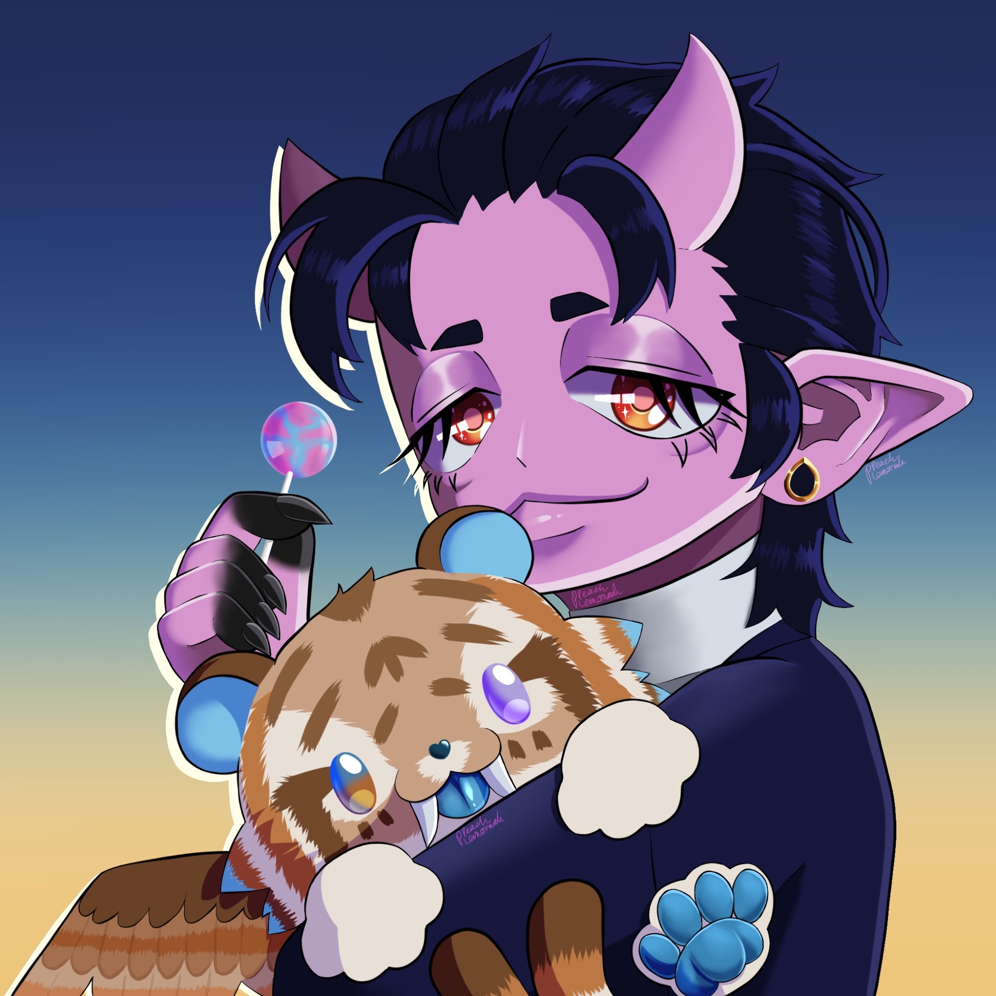 A digital chibi art-style drawing of a violet demon like character with blueish black hair, red and yellow eyes and dark clothing. They are smiling to the viewer and holding a tiger in their arms. They are holding a pink and blue lollipop on the other hand.