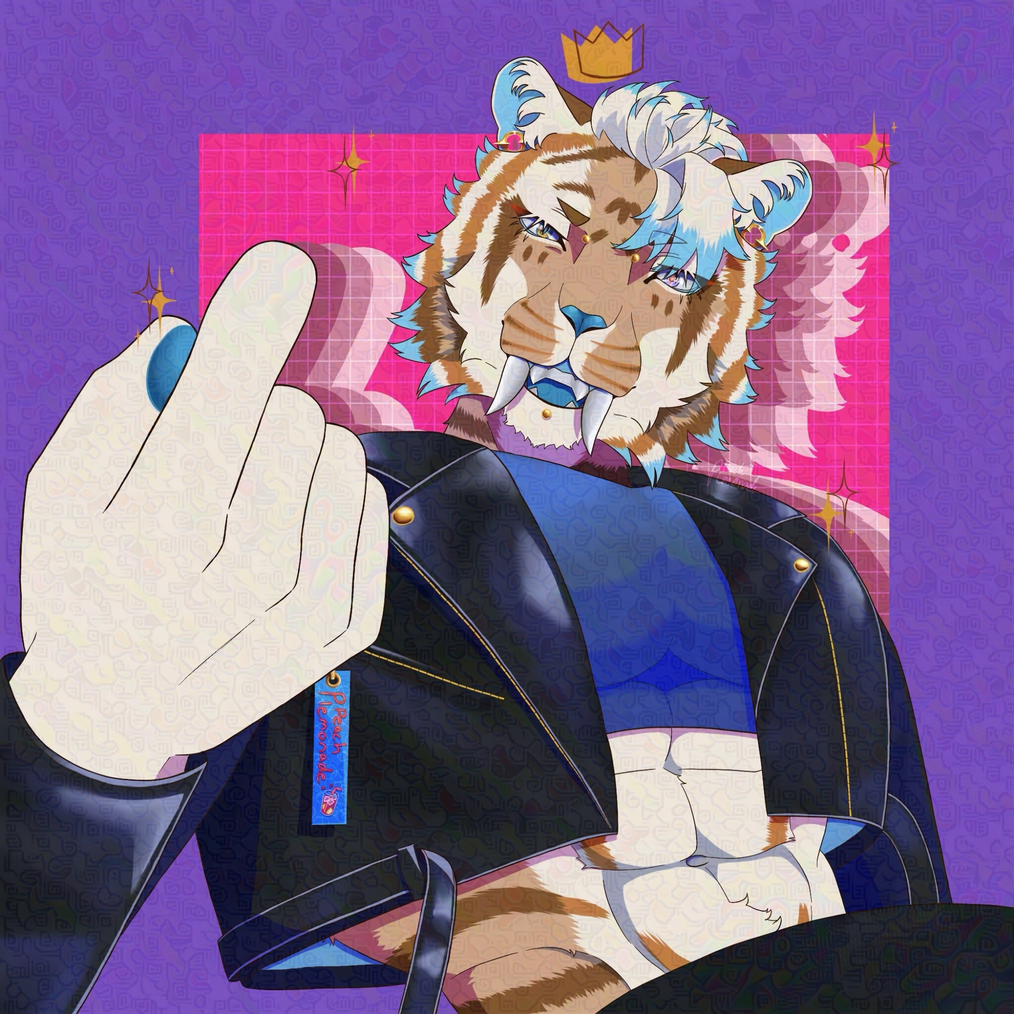 A digital drawing of a golden tiger furry who is wearing a short blue shirt and leather jacket. He is leaning back and has his pointer finger up with the arm that is closer to the viewer. 