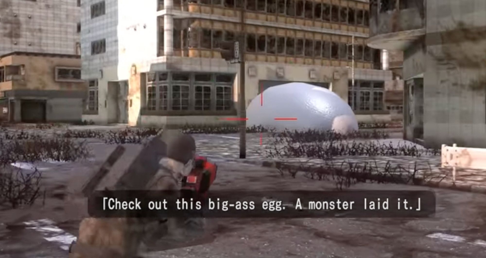 A videogame screenshot from Earth Defense Force 6 depicting a character running towards a large egg lying on the ground in a city environment. Caption text is displayed over it: "Check out this big-ass egg. A monster laid it."