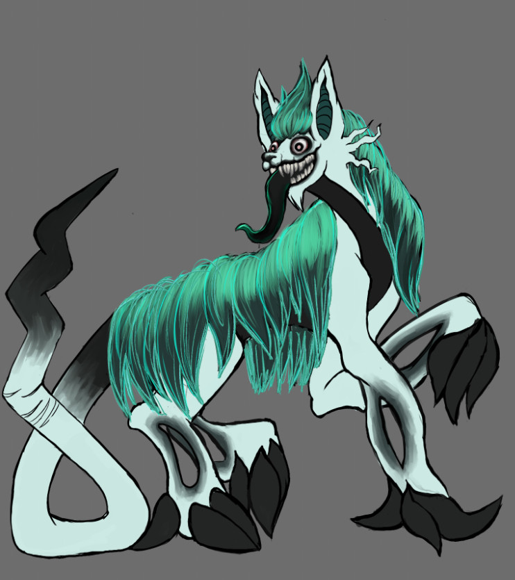 A ghost looking Xweetok with enlogattd limbs and strange claws. The tail is bare with not fur. Wide eyes, long done with sharp teeth. It is not finished 