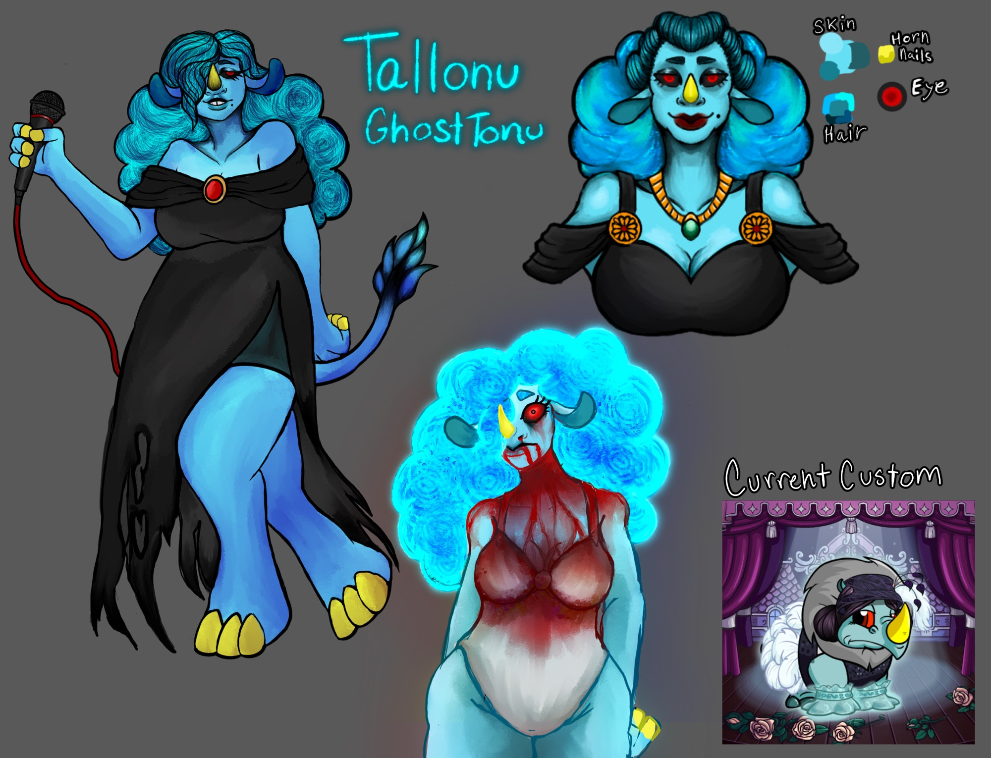 Full character ref sheet of my Ghost Toni, Tallonu. She’s is curvy blue with big poofy hair. She has a red eyes and yellow horns. She’s has a Jazz Aesthetic and is a singer. She was killed by having her throat slit and one of the images is of her standing with blood all down her front. 