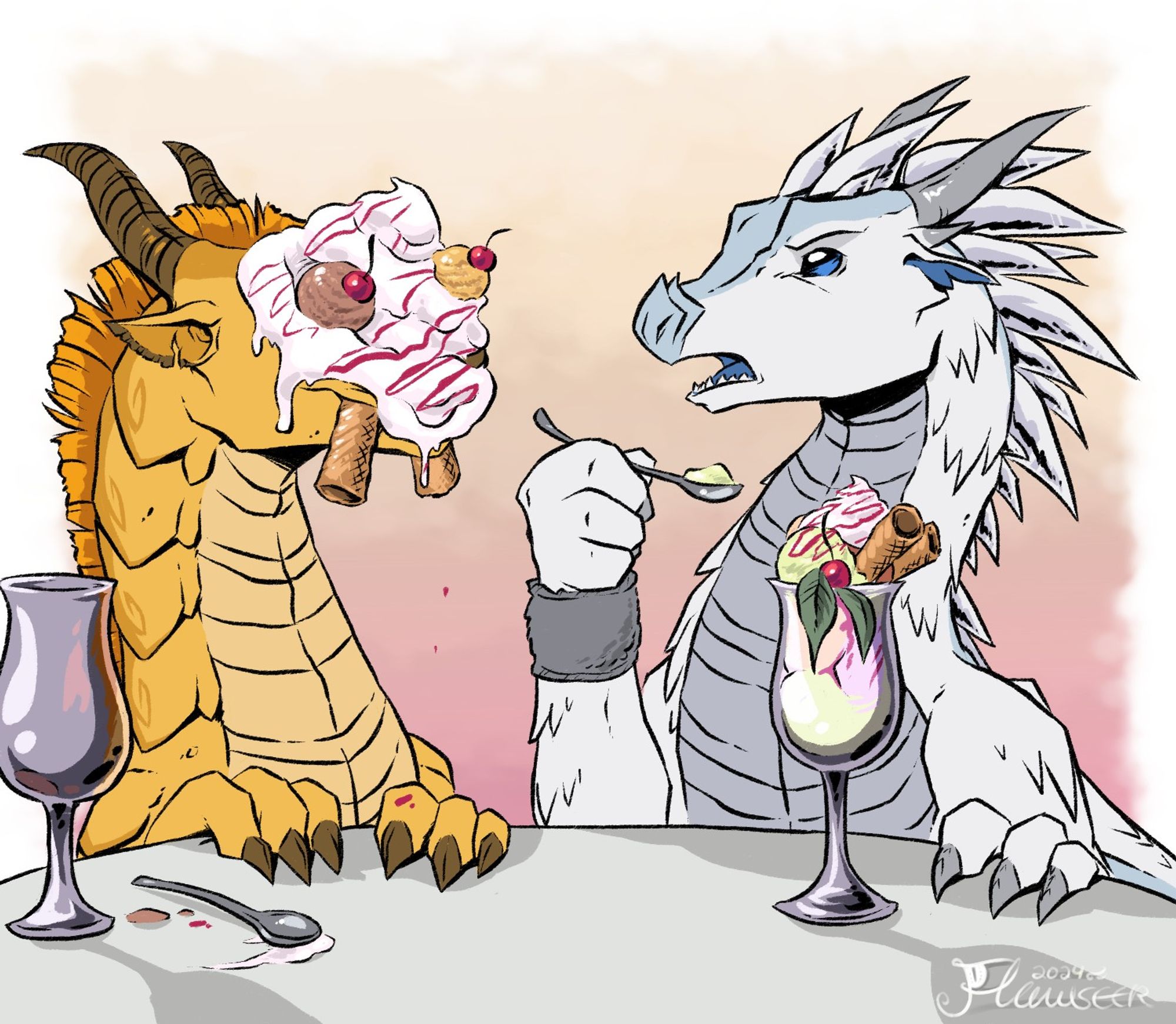 A scene showing Qibli the Sandwing and Winter the Icewing seated at a table, eating ice cream sundaes. Winter is holding a spoon and staring at Qibli, mouth agape in abject horror. Qibli has transferred the contents of his sundae onto his face. It now resembles a bizarre bug-eyed  walrus creature, with two ice cream scoops and cherries forming the eyeballs and two cylindrical waffles  making up the long teeth.