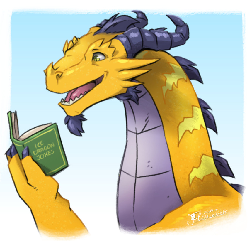 A bust of Volteer from the Legend of Spyro series. He is a yellow dragon with purple horns, a purple fringe, and lavender ventral plates going down his neck. He is smiling ecstatically while reading a green book labeled "Ice Dragon Jokes".