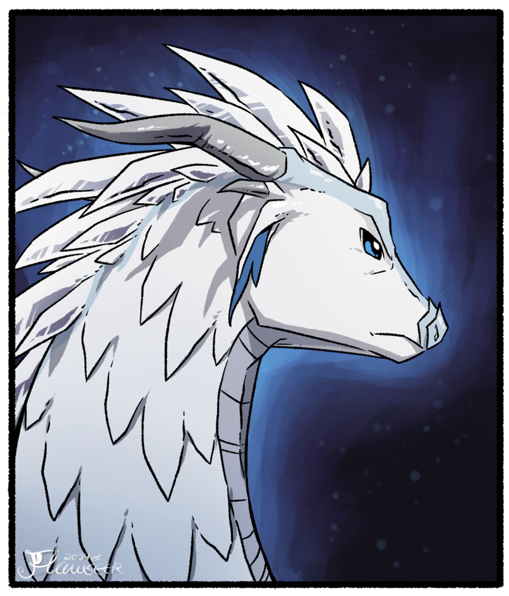 A head-shot of Prince Winter, who is a white ice dragon with dark blue eyes, matte silver ventral scales, and a crest of long spines running down the back of his neck. His horns are gray and slightly bent. He is slightly turned away from the viewer and wearing a dour expression of rigid determination.