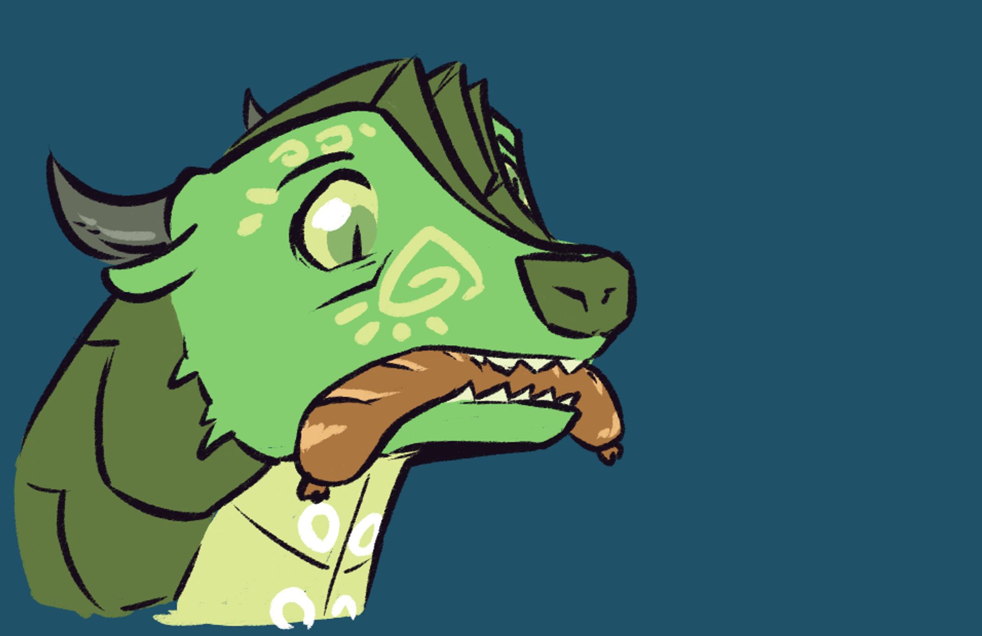 A headshot of Squid the Seawing holding a cooked sausage in his mouth. Squid is a green water dragon with olive and lime-green accents. The sausage is perpendicular to his mouth, preventing him from eating it.