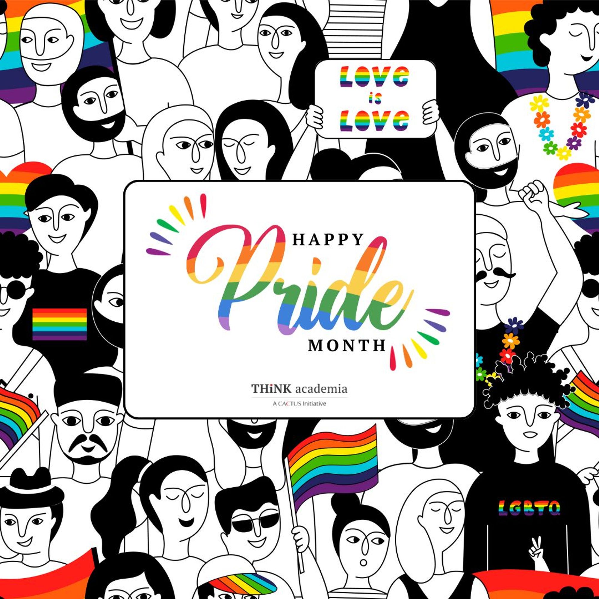 The illustration shows a crowd of people, many either donning the pride colors  or holding the pride flag. In the center of the image is the message: Happy Pride Month