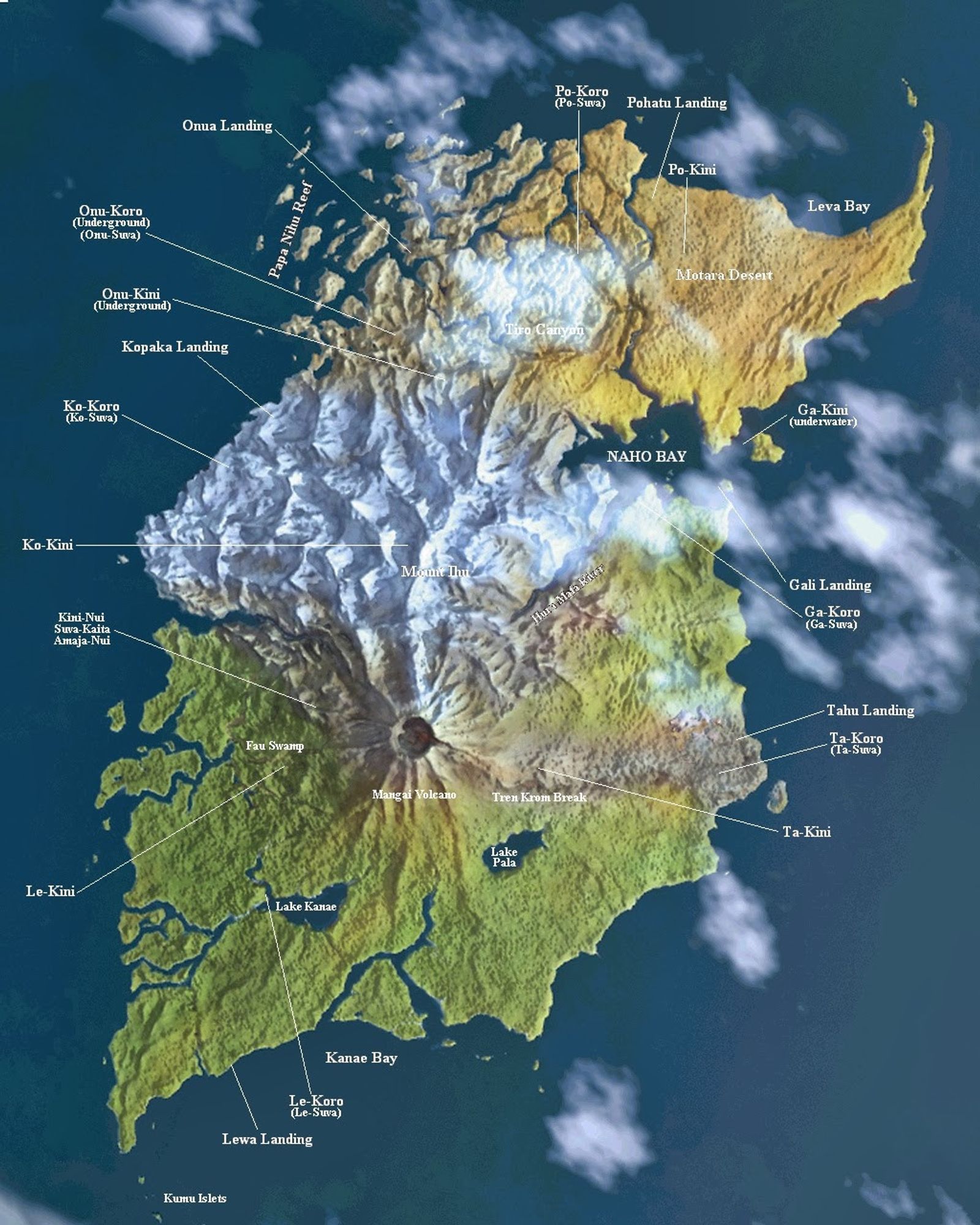 A labeled map of the island of Mata Nui, with a desert in the north, a vast tundra below that, and a large forest with many lakes and rivers in the south, with a large volcano located in the center.