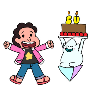 Quick flat doodle of Steven Universe in his Future outfit cheering beside George from Unleash the Light, the latter of whom is holding a birthday cake with two candles shaped like an "S" and a "U". The cake is chocolate with a ring of strawberry icing around the bottom.