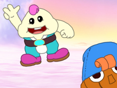 Mallow from Super Mario RPG leans over with a big smile while raising a peace sign with his right hand. Geno from the same game can be seen peeking in from the bottom right corner. The background is a screenshot of the Cloud Kingdom from Super Mario Odyssey.