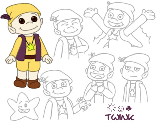 A pale plush doll with elf ears and brown button eyes, wearing a yellow cap with a purple feather, yellow shirt and shorts, an open purple vest, a Lucky Star pendant necklace, brown shoes, and a brown belt. Besides the colored image, there are sketches showing him raising an arm to his chest confidently, happily raising his arms as he casts a spell, smiling fondly as he waves two fingers to cast wish magic, grinning excitedly while the feather on his hat sticks up, frowning in disappointment as the feather sinks back down, and one of his canon star form smiling and winking. In the corner are his star name, ☼☺♣, and his canon name, Twink.