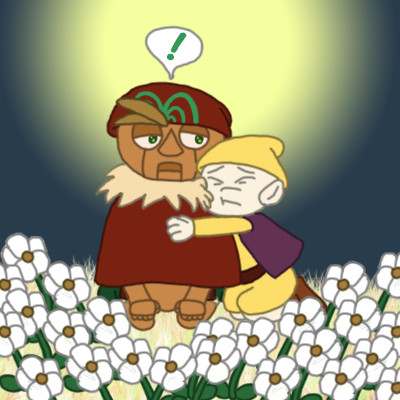 Willow, a star doll OC belonging to @nintendonut1, kneels over in a field of flowers and is surprised when Paper Mario character Twink in a fan-made star doll body leans in to hug him sympathetically.