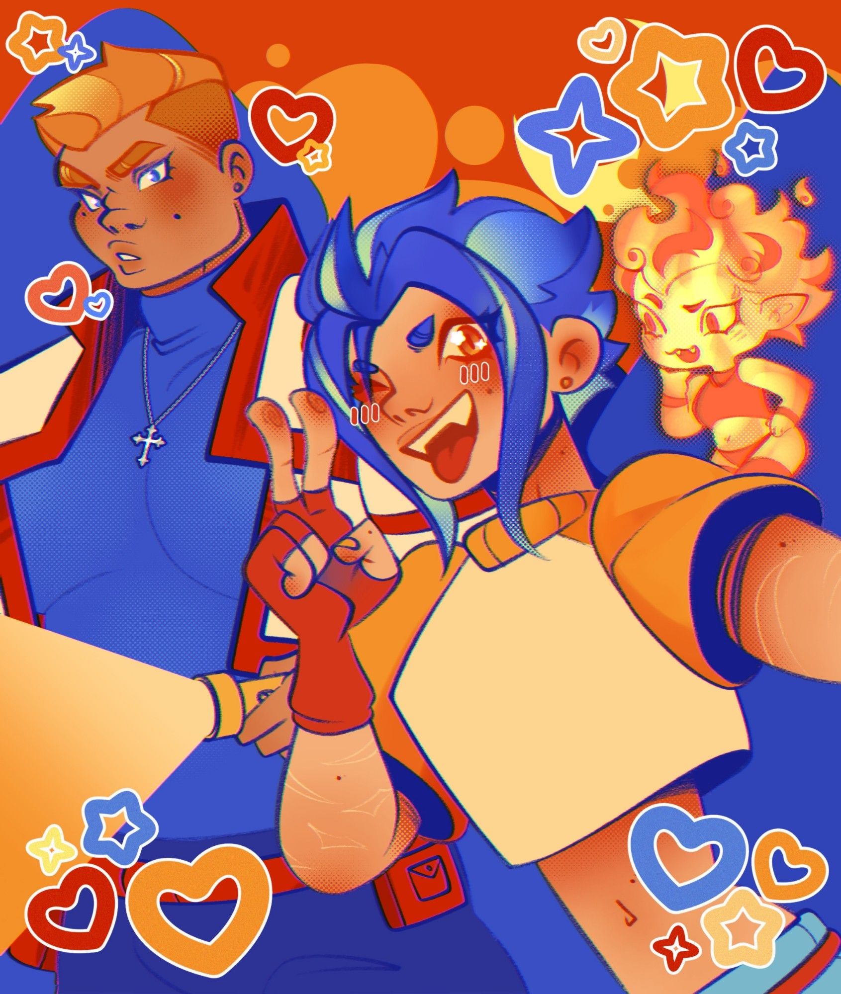 A digital illustration of Maximus, Comet, and Ludovico, original characters created by @erosindomita and @boxur. Comet is taking a selfie, holding up a peace sign, while Ludovico floats near his shoulder in sprite form. Maximus is in the background holding a flashlight, looking perplexed. There are star and heart shaped stickers laid on top of the selfie.