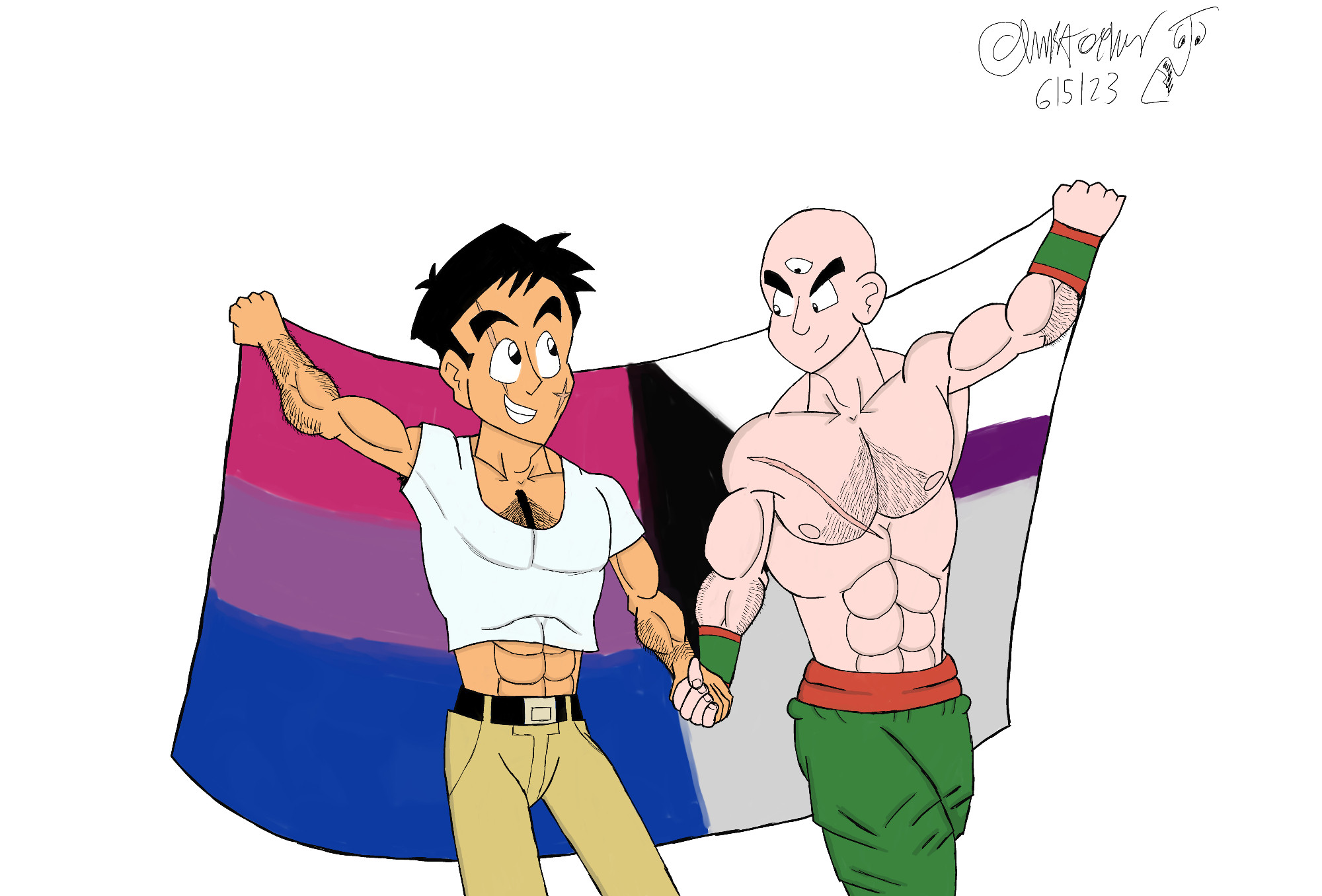 Yamcha and Tenshinhan are carrying a flag that combines both their sexualities.

(Yamcha is bi, Tenshinhan is demisexual)