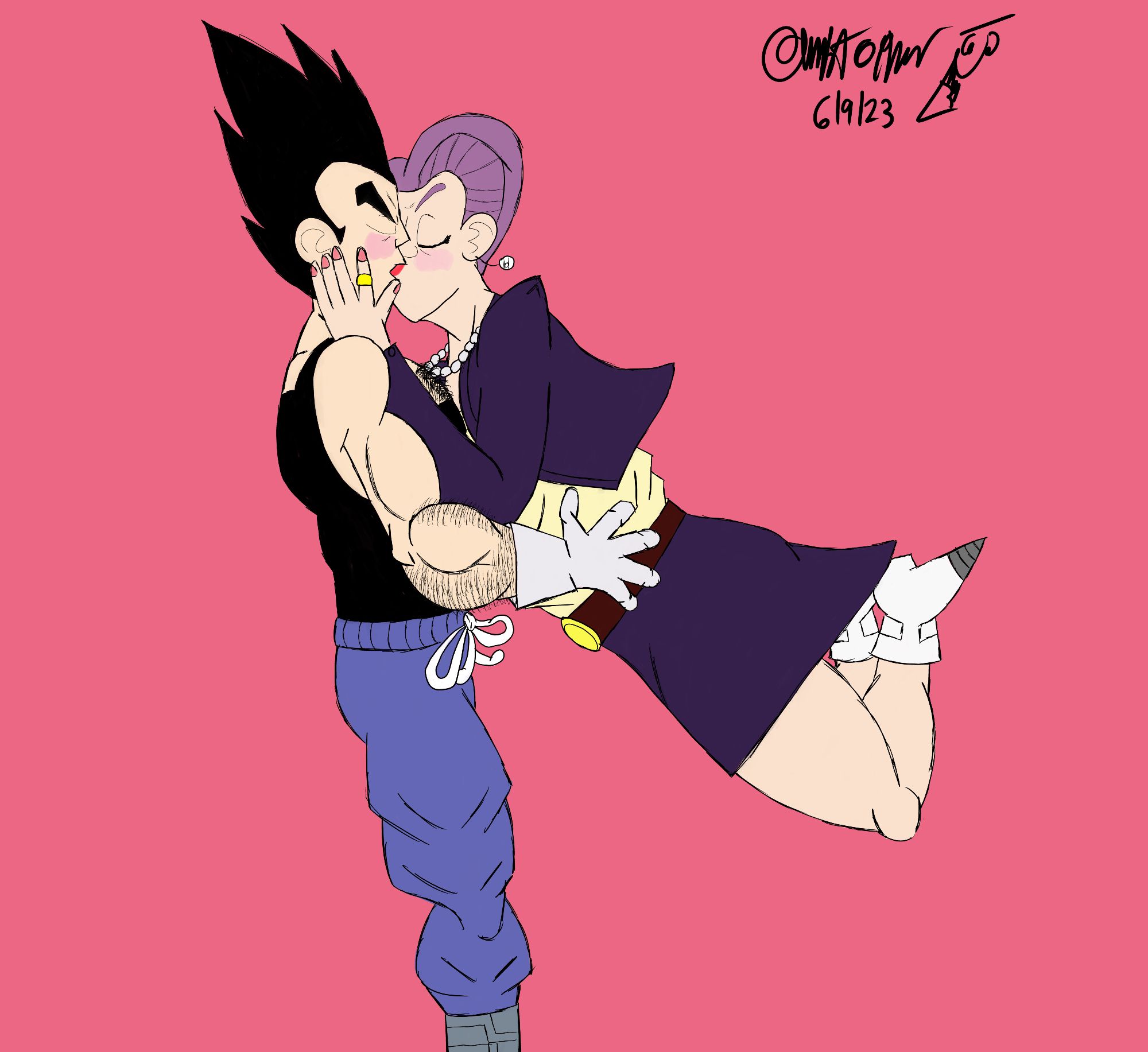 Blooma (Bulma) leaping up to Vegeta to give him a kiss.