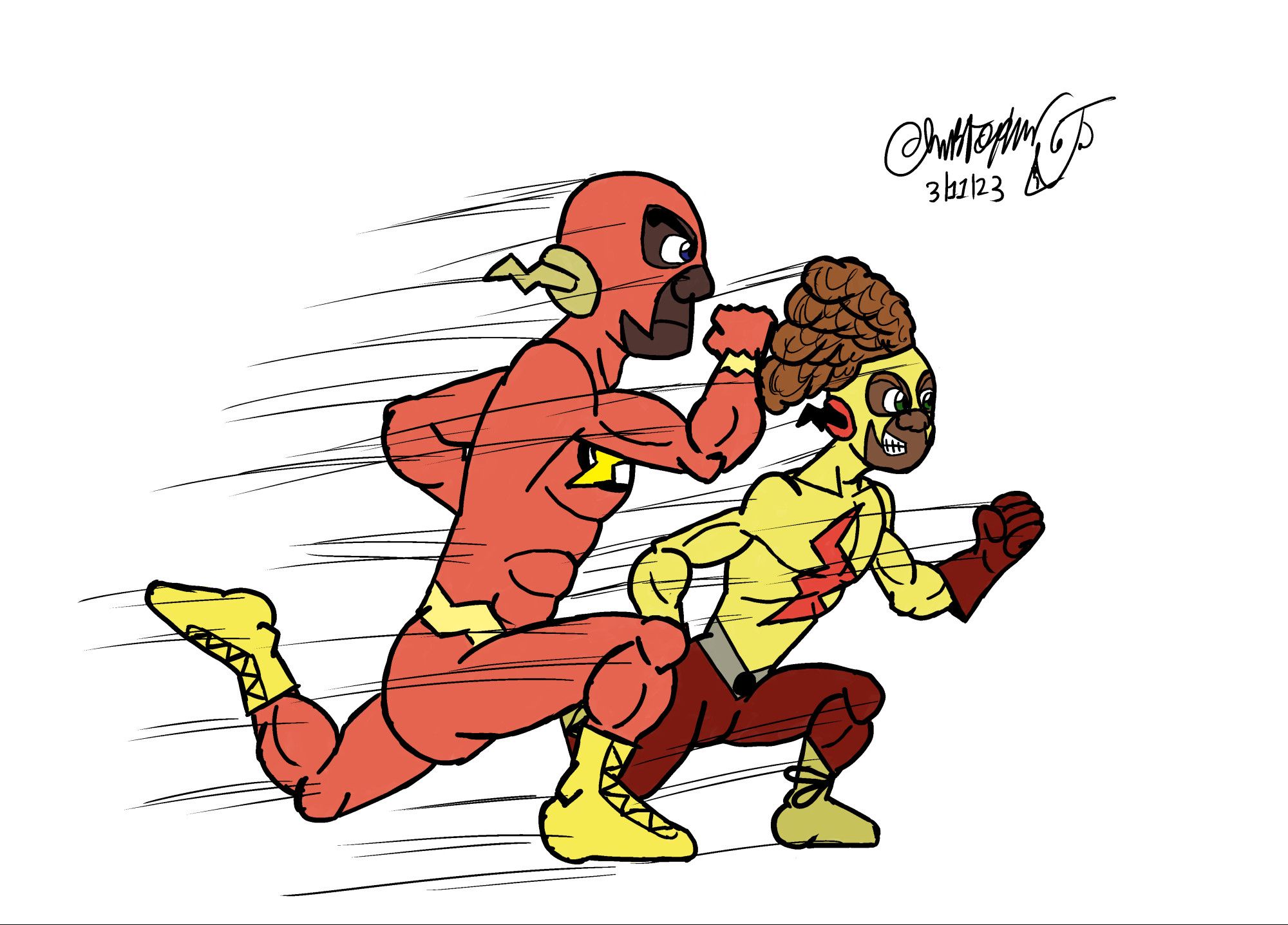 The Flash (Barry Allen) and Kid Flash (Wally West) speeding into action.