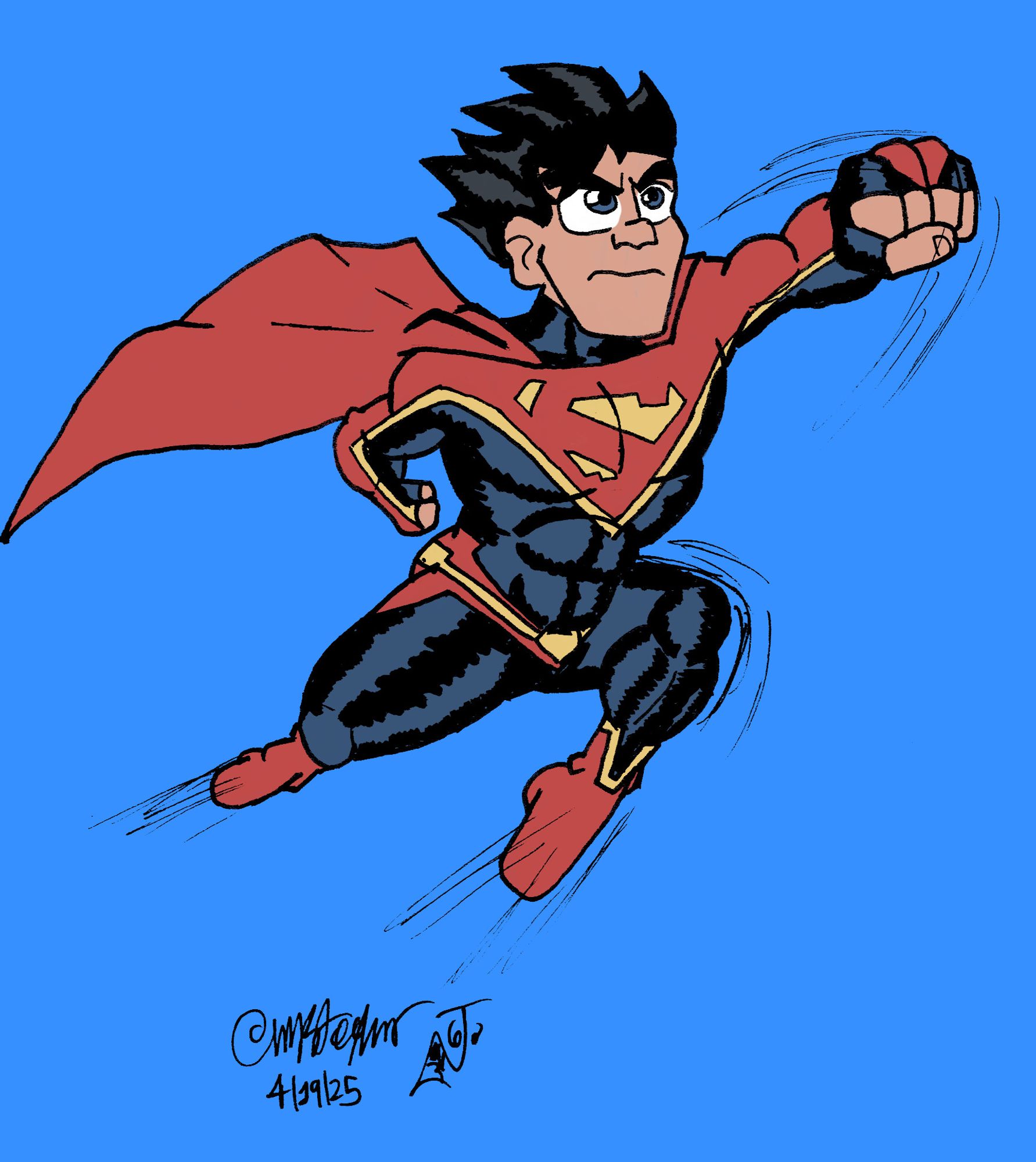 Kara Huset's Aboslute Superman flying into action.

Error: The date is wrong; this was drawn on 4/19/24.