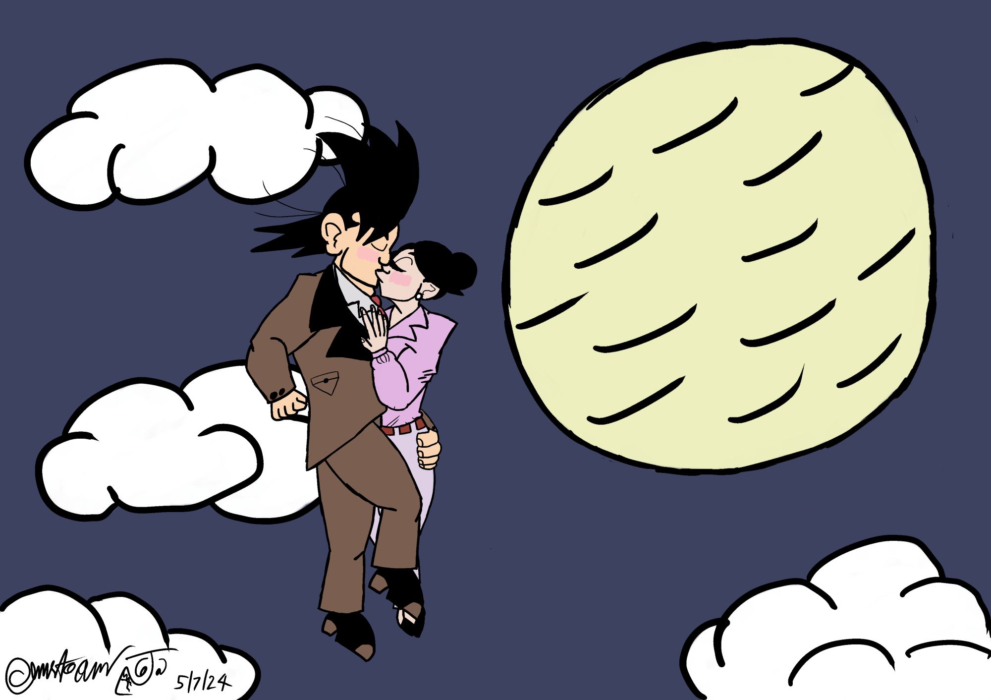 Son Goku is flying up high in the night sky with Chi-Chi. They both embrace and kiss.