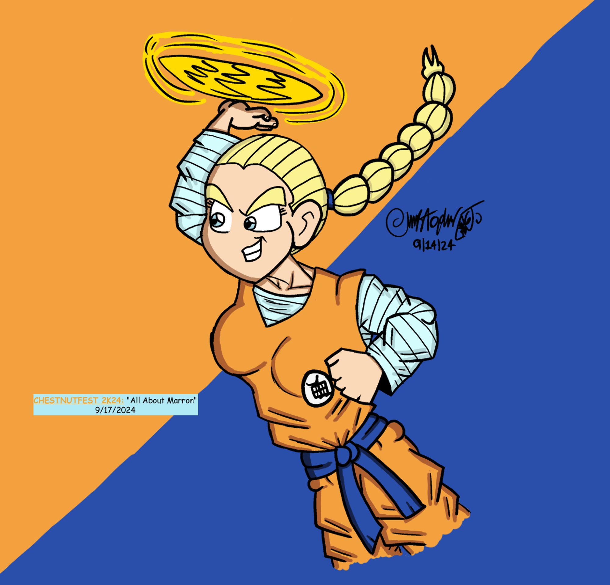 Marron, Kuririn (Krillin) and Android #18's daughter, as a young adult, about to throw a Kienzan. She's wearing a Turtle School gi and a blue sweater that resemble's her mother's old sweater.