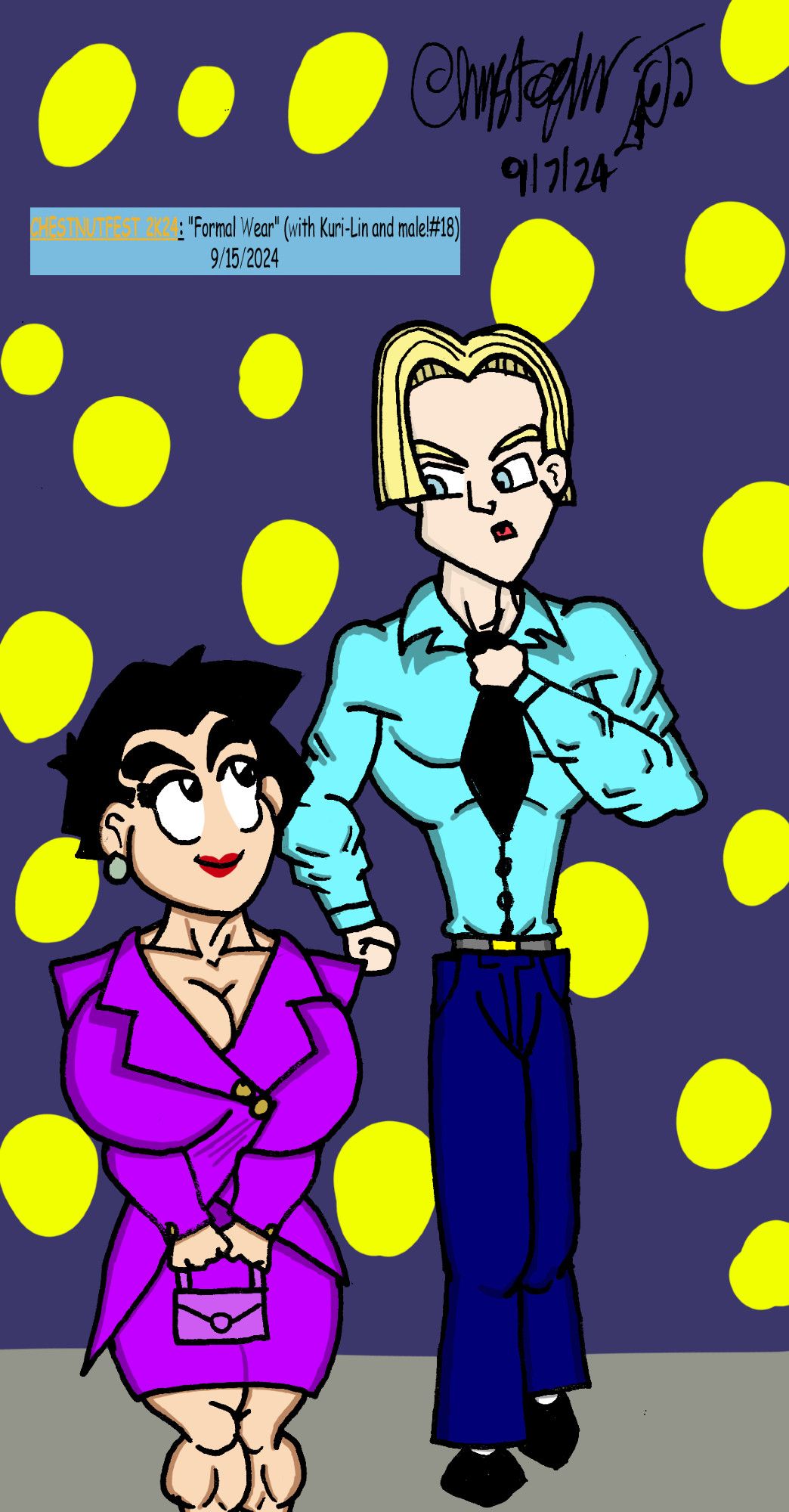 Kuri-Lin (fem!Kuririn/Krillin) and her husband (Male!)Android #18 are walking down the street dressed up for a party; Kuri-Lin is wearing a purple business suit and mini-skirt and holding a purse and #18 is wearing a dress shirt with a black tie and blue pants.