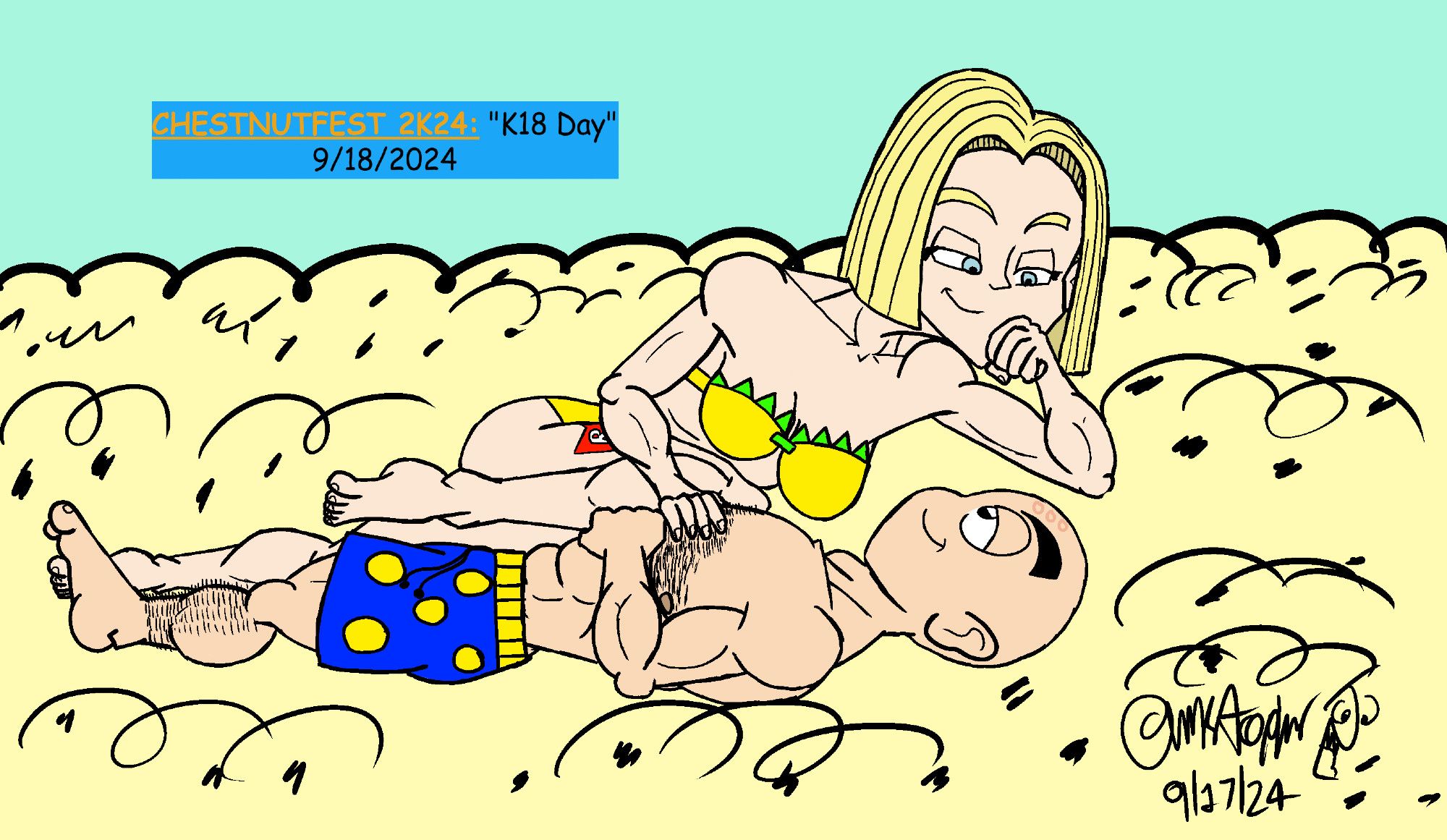 Kuririn (Krillin) and Android #18 are spending a day on the beach, laying next to and smiling at each other.