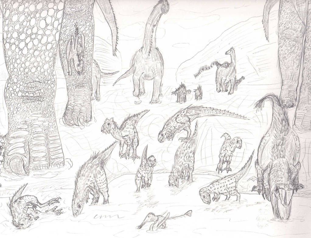 Brachiosaurus, Nanosaurus, and Marshosaurus at a watering hole