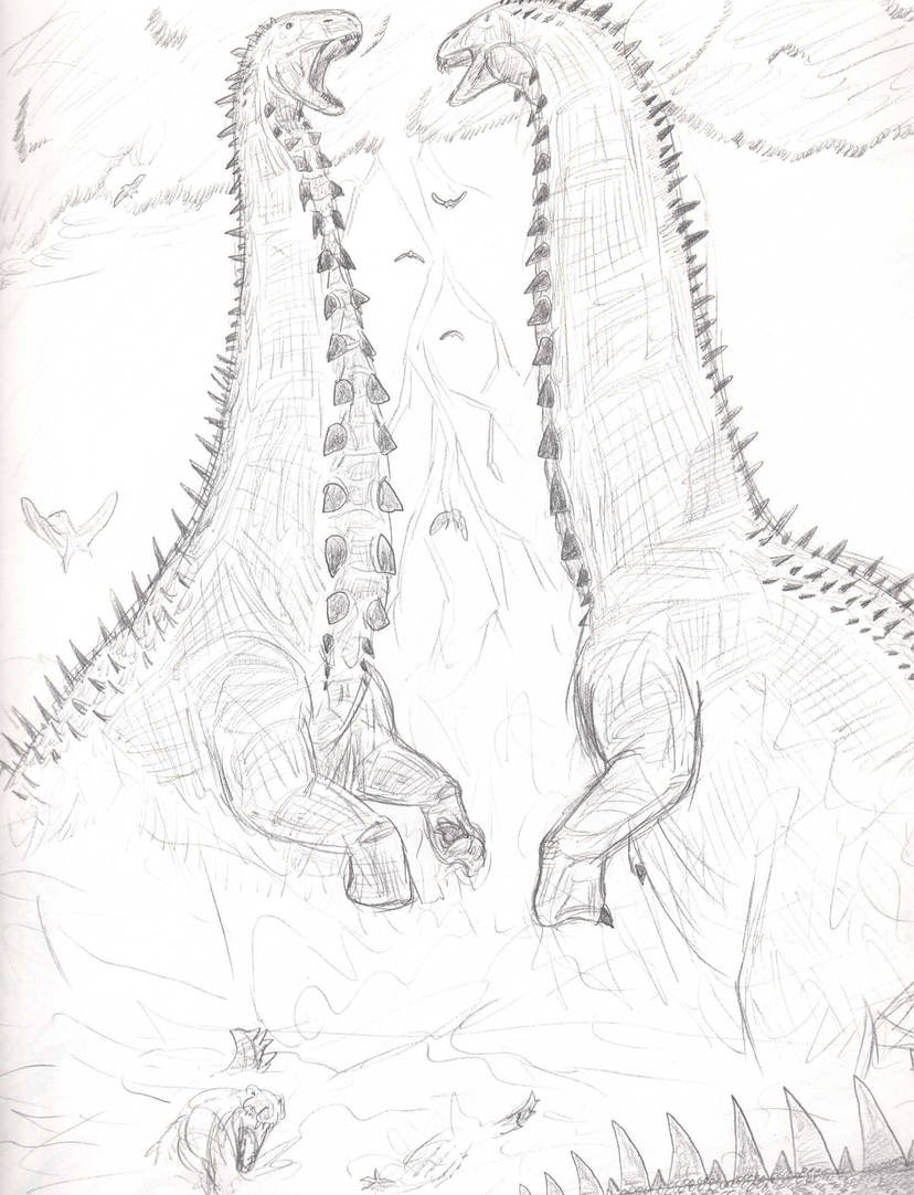 Sketch of two Brontosaurus clashing in a river