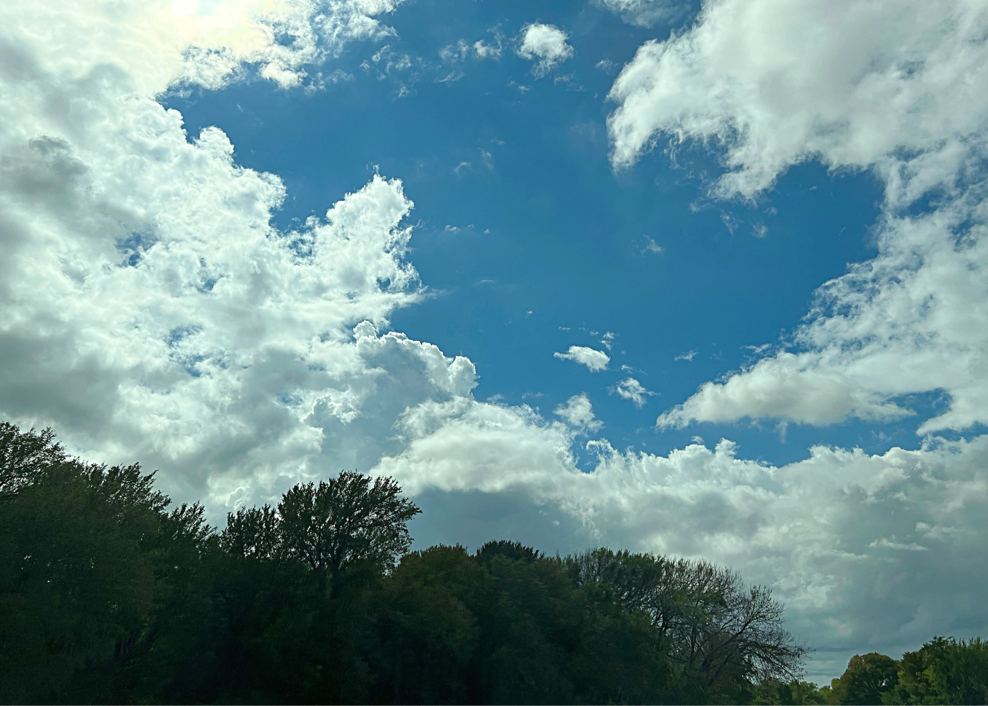 Cerulean blue sky surrounded by white fluffy clouds. Green trees line the bottom.