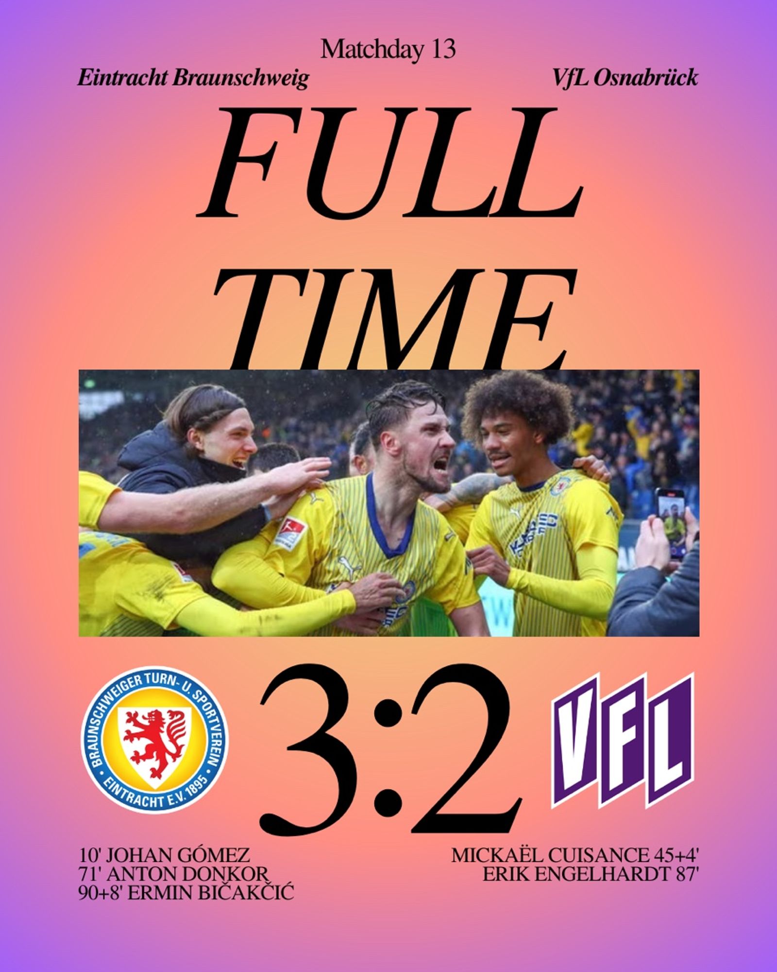 Braunschweig scores right at the death to score vital three point in the battle of the basement

Goals scored by Eintracht Braunschweig   
10' Johan Gómez
71’ Anton Donkor
90+8’ Ermin Bičakčić

Goals scored by Osnabrück
45+4’ Mickaël Cuisance
87’ Erik Engelhardt