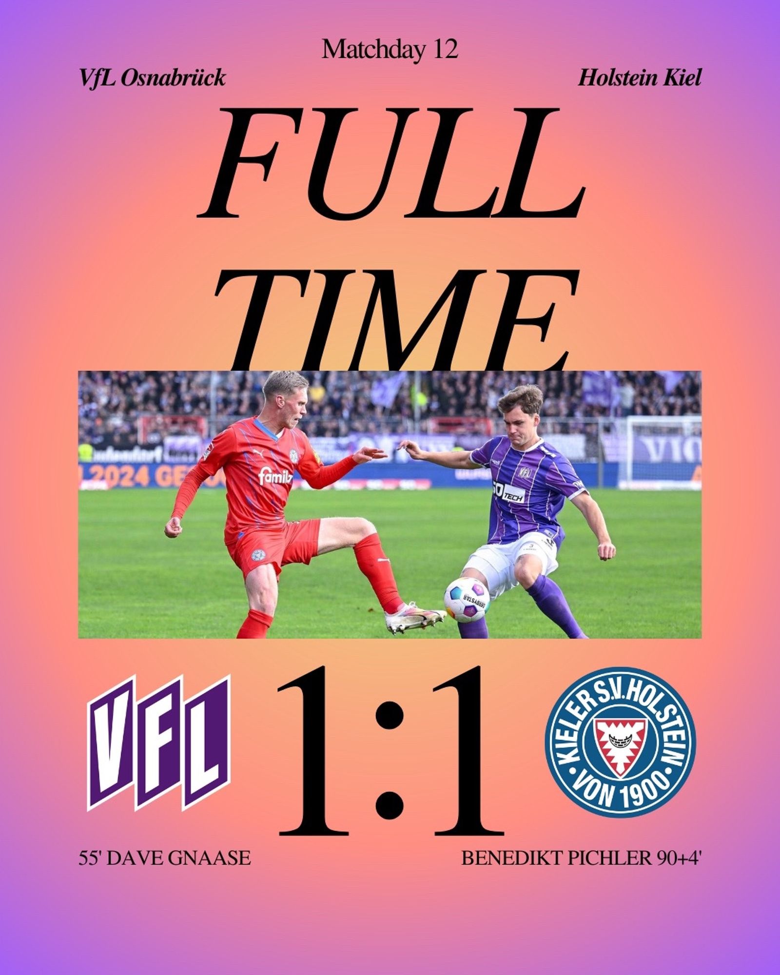 Osnabrück were moments away from a vital victory, but Tobias Schweinsteiger’s men concede in stoppage time to visitors Kiel

Goals scored by Osnabrück  
55’ Dave Gnaase

Goals scored by Holstein Kiel
90+4’ Benedikt Pichler