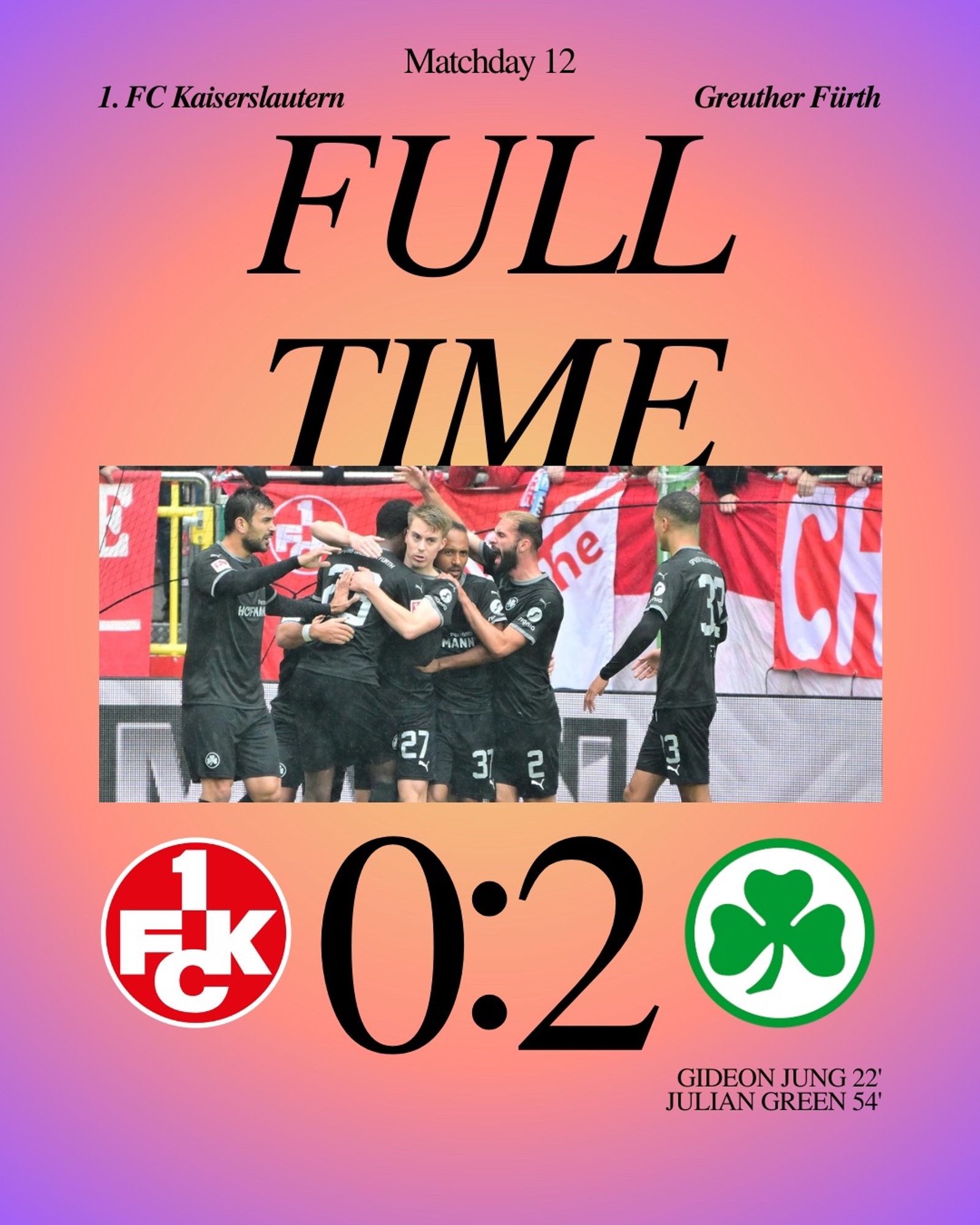 Kaiserslautern were disappointing in their defeat to a resurgent Greurher Fürth 

Goals scored by Greuther Fürth  
22’ Gideon Jung
54’ Julian Green