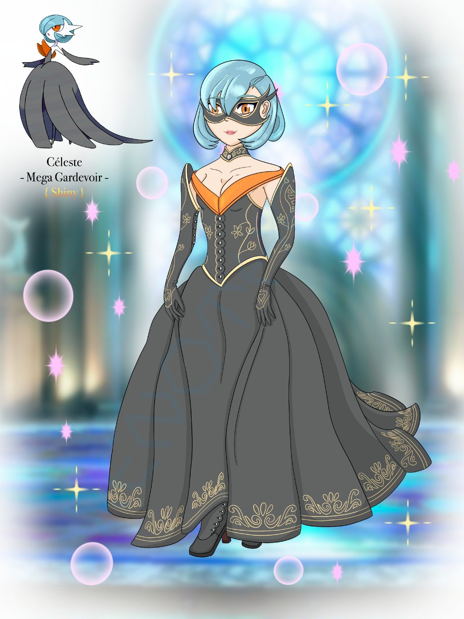 An alternate version of my Mega Gardevoir design based on the Shiny palette, featuring a black gown with gold trim and embroider.