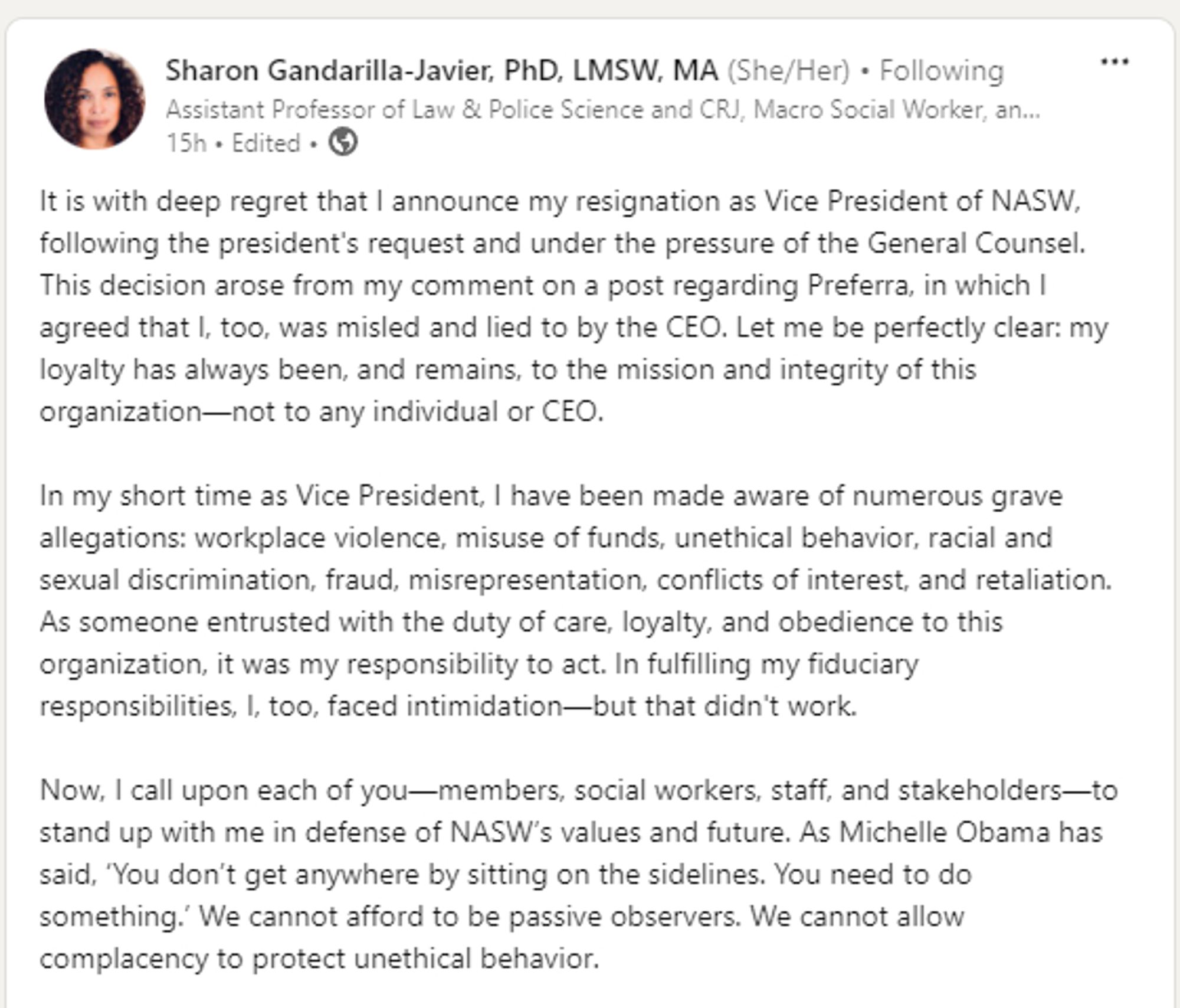 Screenshot of LinkedIn Post about resigning as VP of NASW.