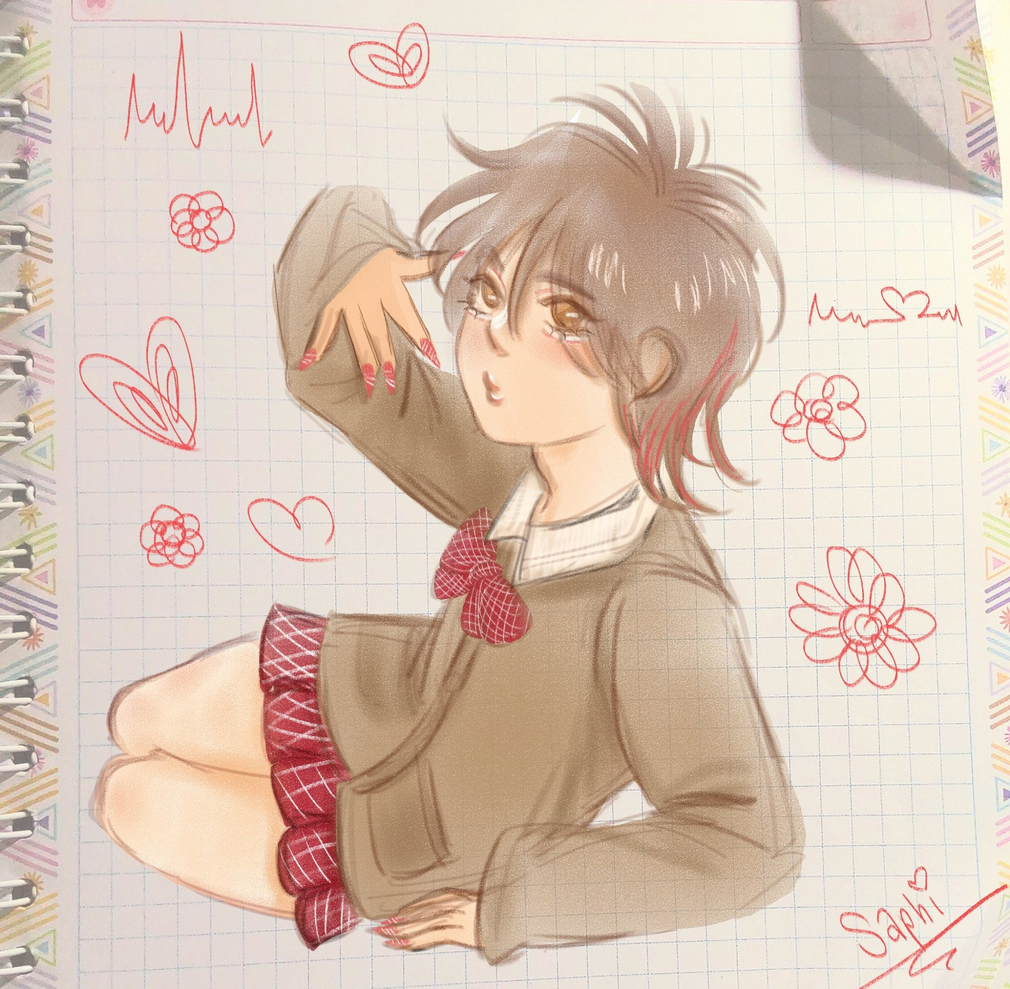 Gyaru Yeonwoo posing, surrounded by doodles of flowers and hearts 