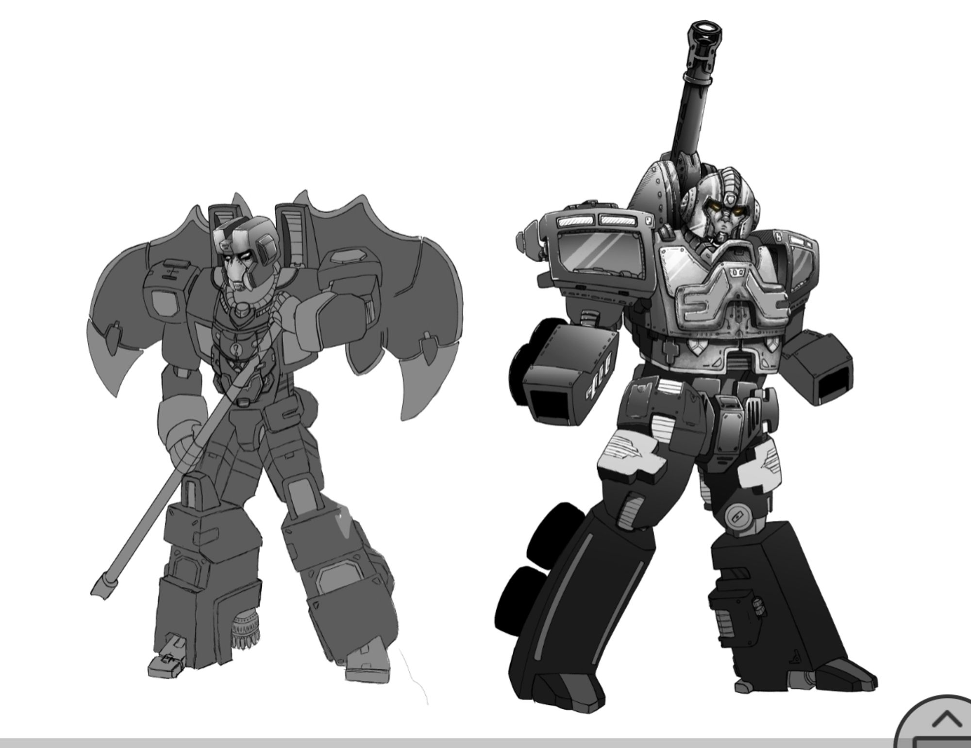 Sketch, flats and shades tests on flier and cannon robots.