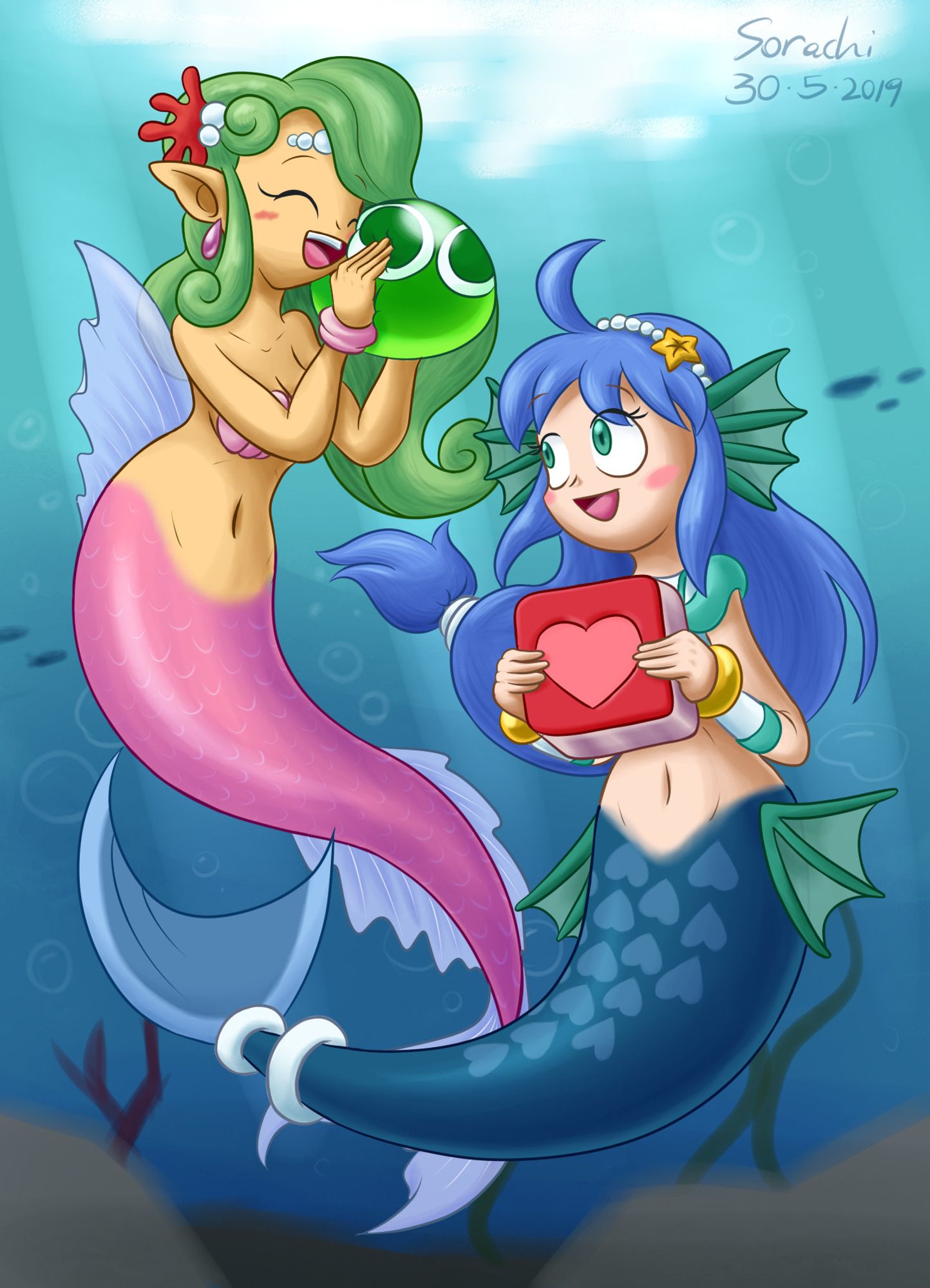 Neris and Serilly swimming together. Neris is holding a green Puyo while Serilly is holding a red panel.